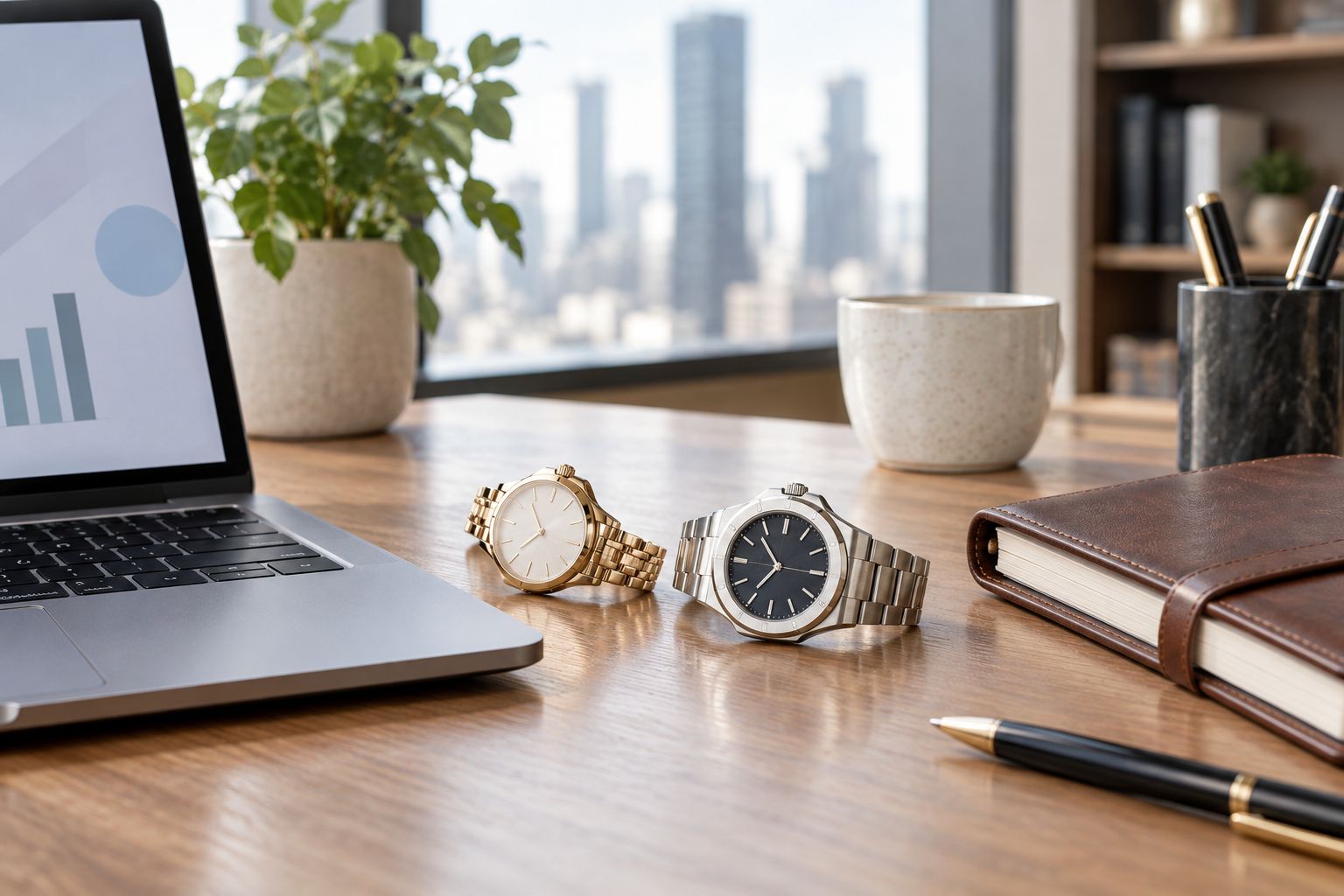 A dress watch and a steel daily watch on a desk next to a laptop
