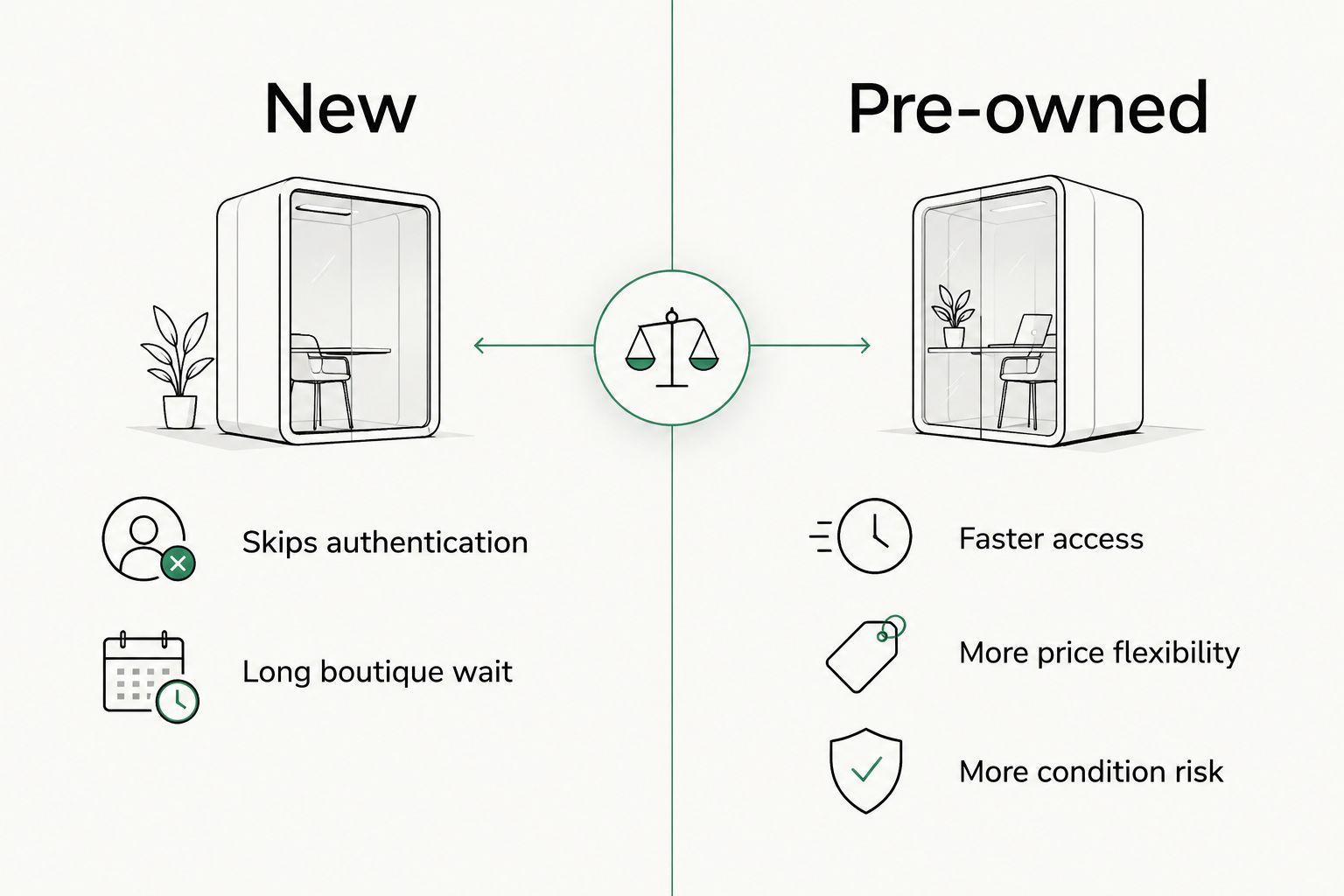 Two-column comparison of buying a new versus pre-owned luxury watch