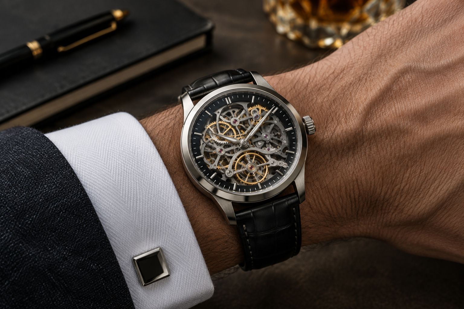 Close-up of a skeletonized watch movement worn on the wrist