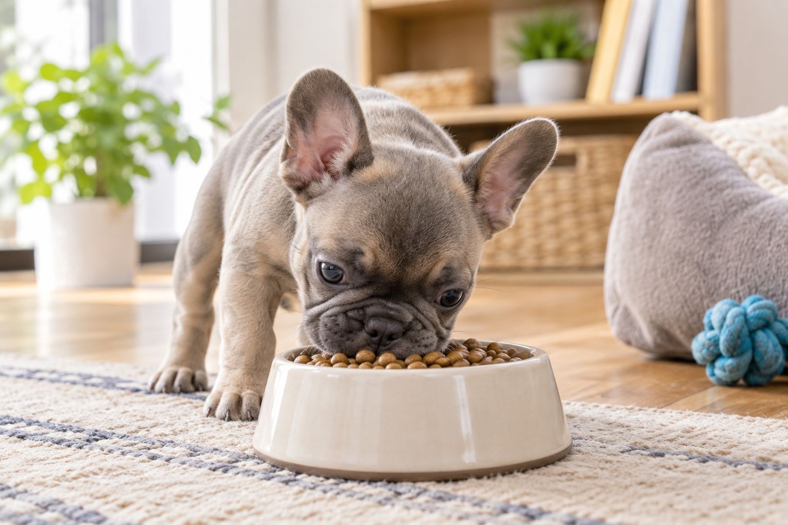 French Bulldog puppy eating small kibble from a shallow bowl