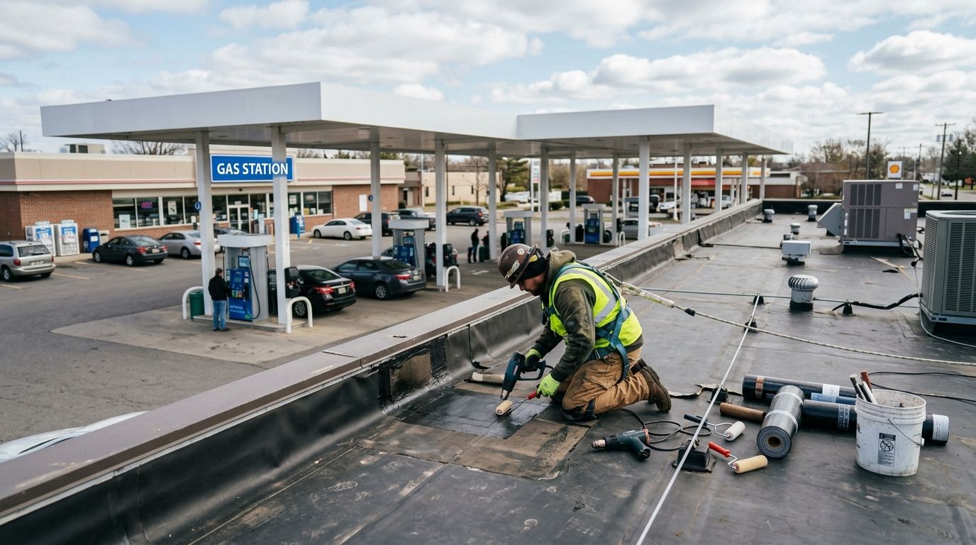 Flat roof repair for gas stations and convenience stores