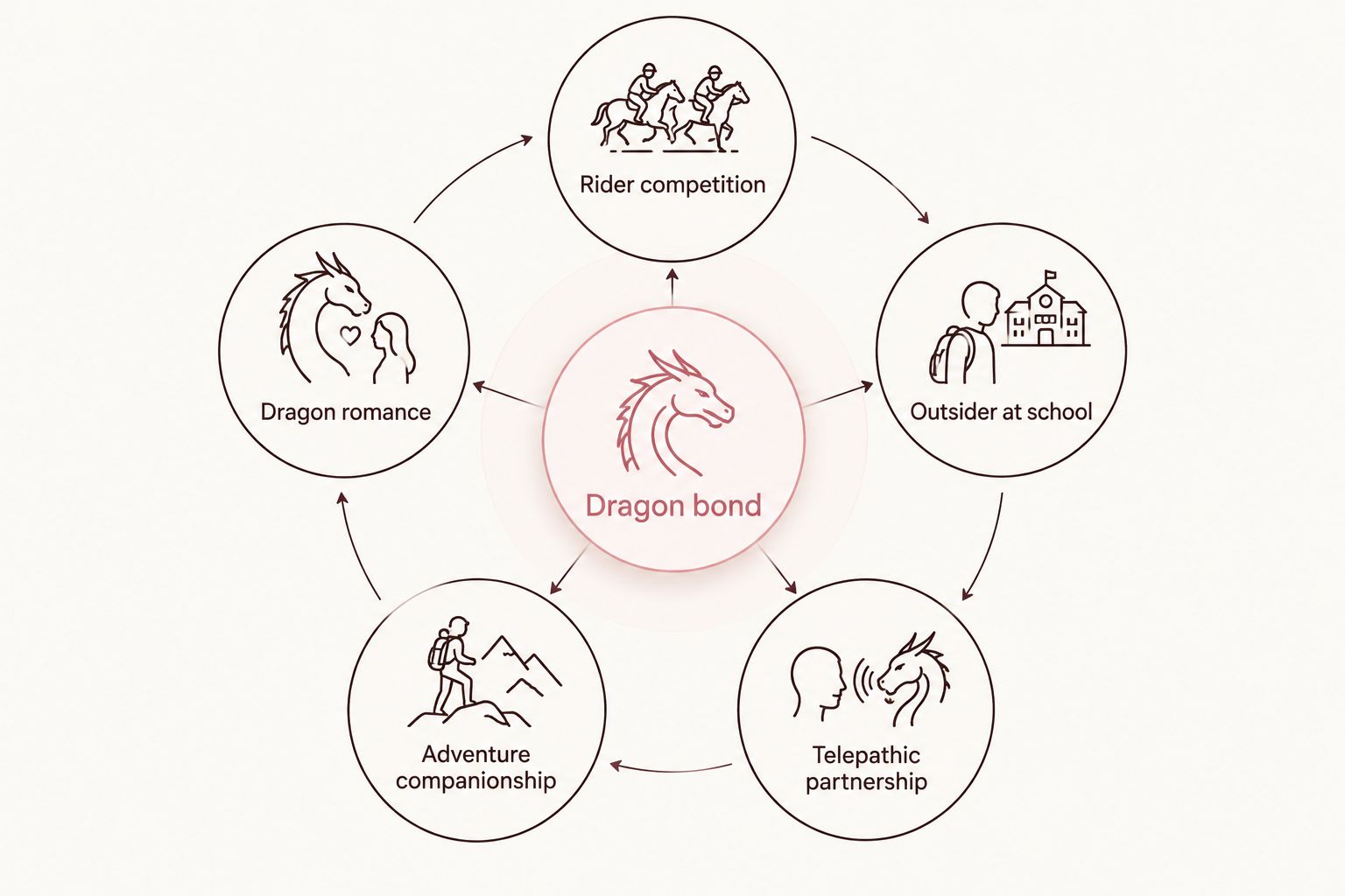 Five reading preferences arranged around a central dragon bond