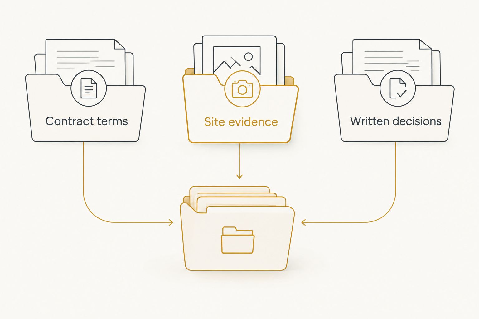 Three document groups for a foundation claim: contract terms, site evidence, and written decisions