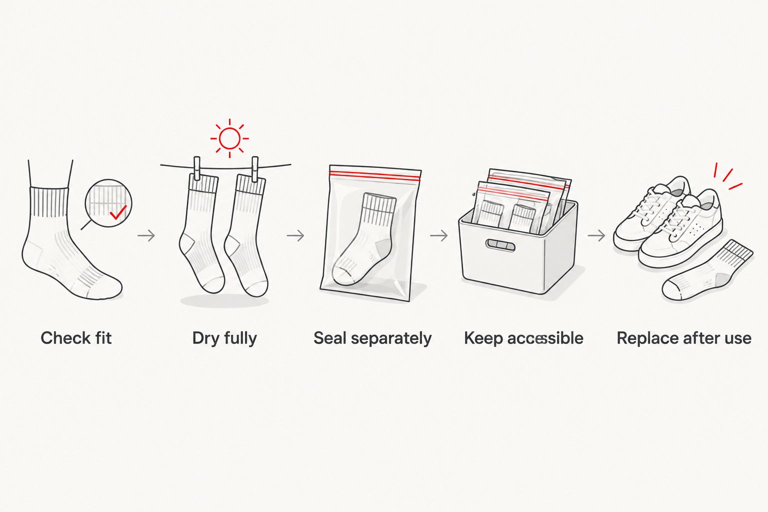 Five steps for checking, drying, storing and replacing spare winter socks
