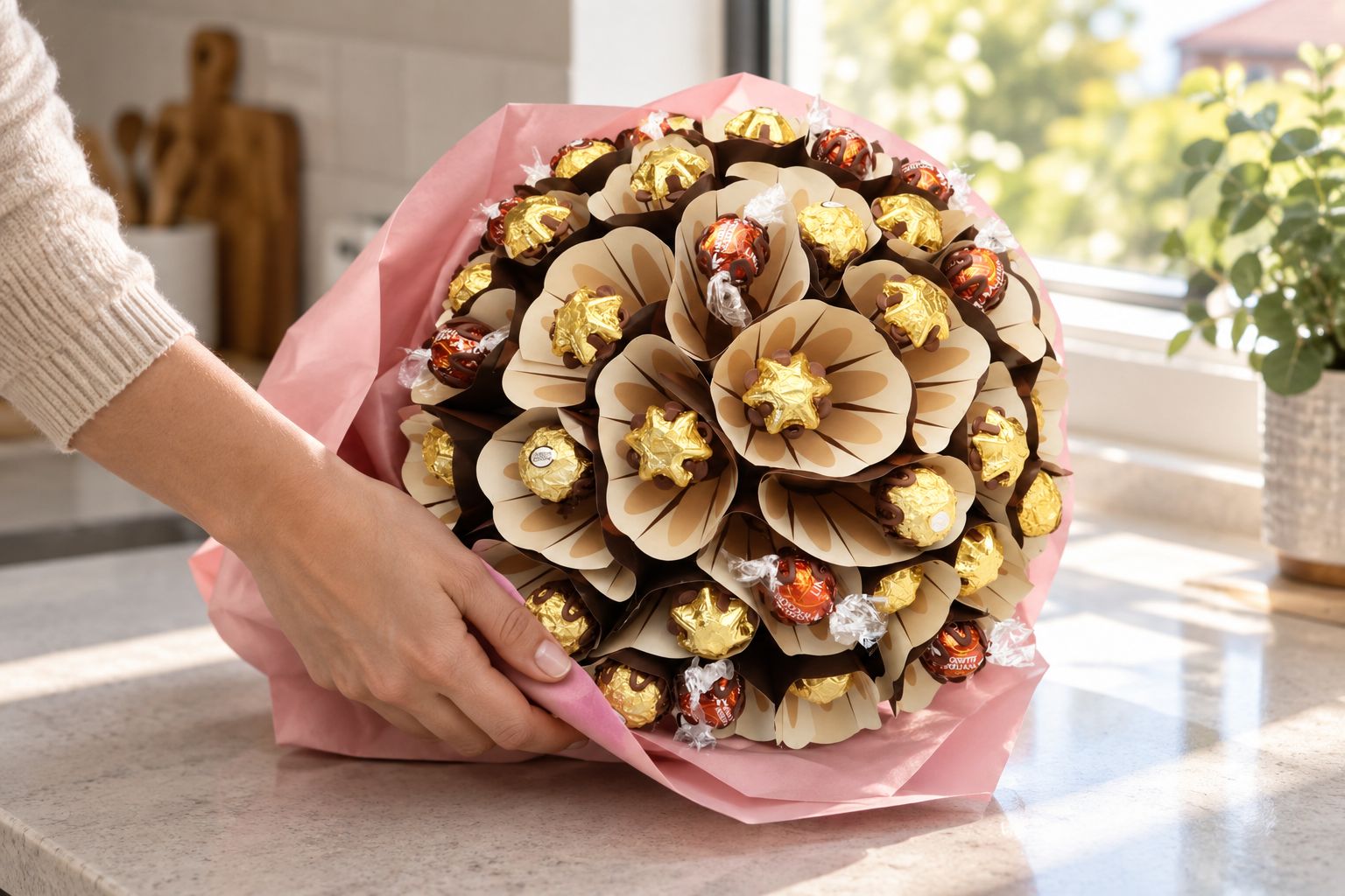 Ferrero Lindt chocolate bouquet on a kitchen bench in a Perth home