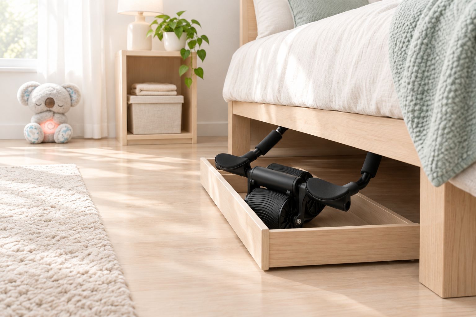 An elbow-support ab roller in a shallow tray with clear space beneath a bed