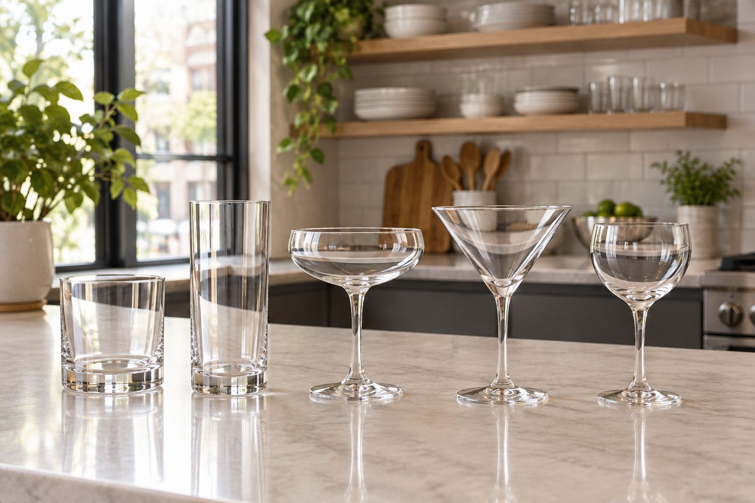 Rocks, highball, coupe, martini, and Nick & Nora glasses showing their different shapes