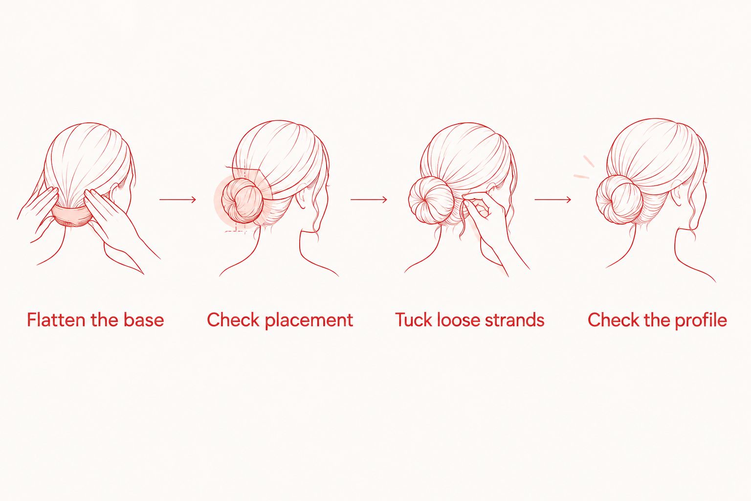 Four styling steps for reducing the outline of a bulky bun hairpiece