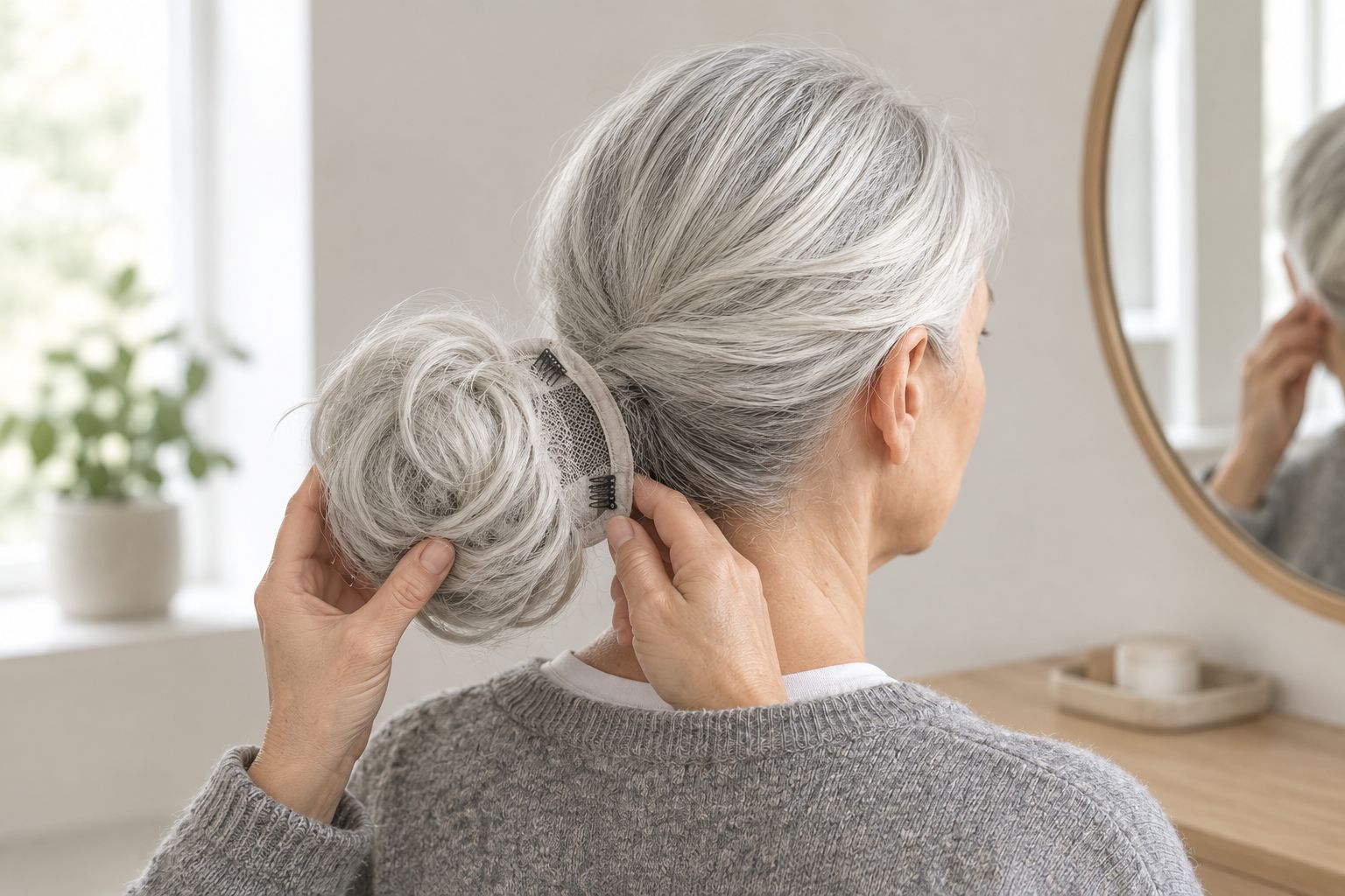 Woman comparing a bun hairpiece with the grey hair around its attachment area