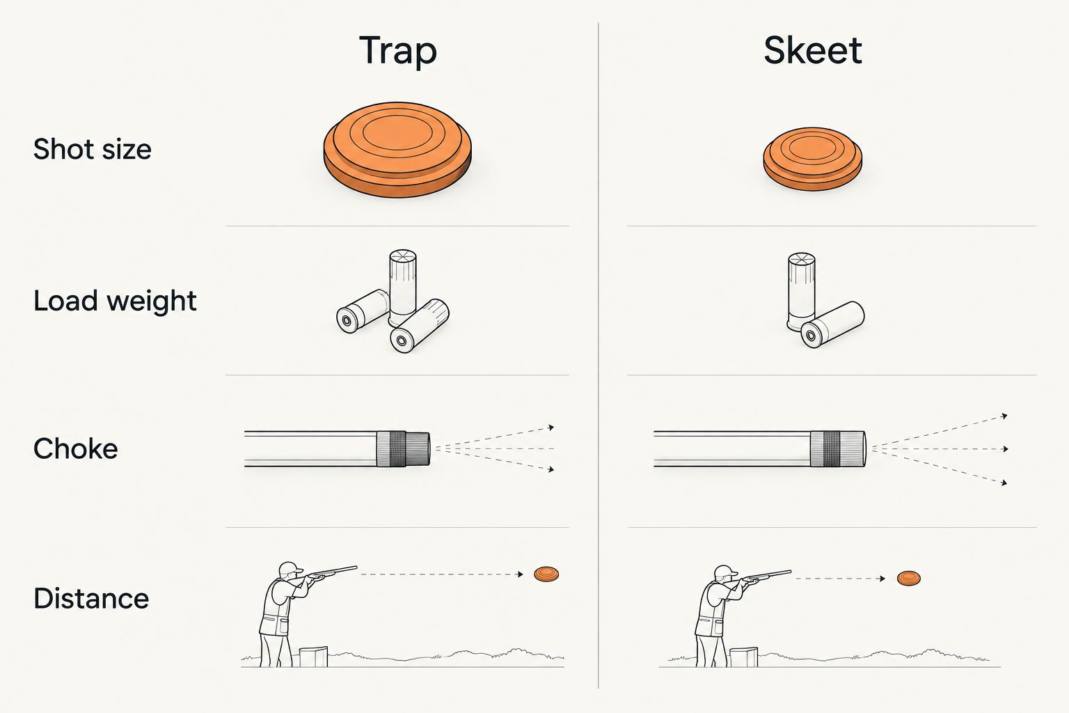Two-column diagram comparing trap and skeet cartridge specifications