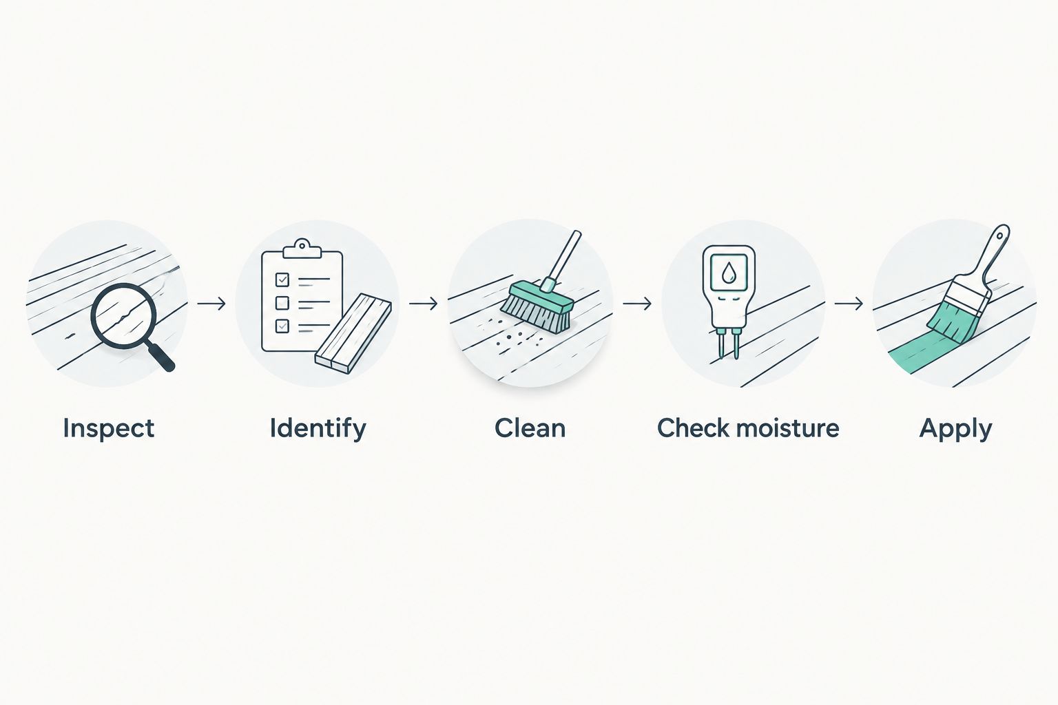Deck staining sequence from inspection and coating identification to cleaning, moisture checks, and application