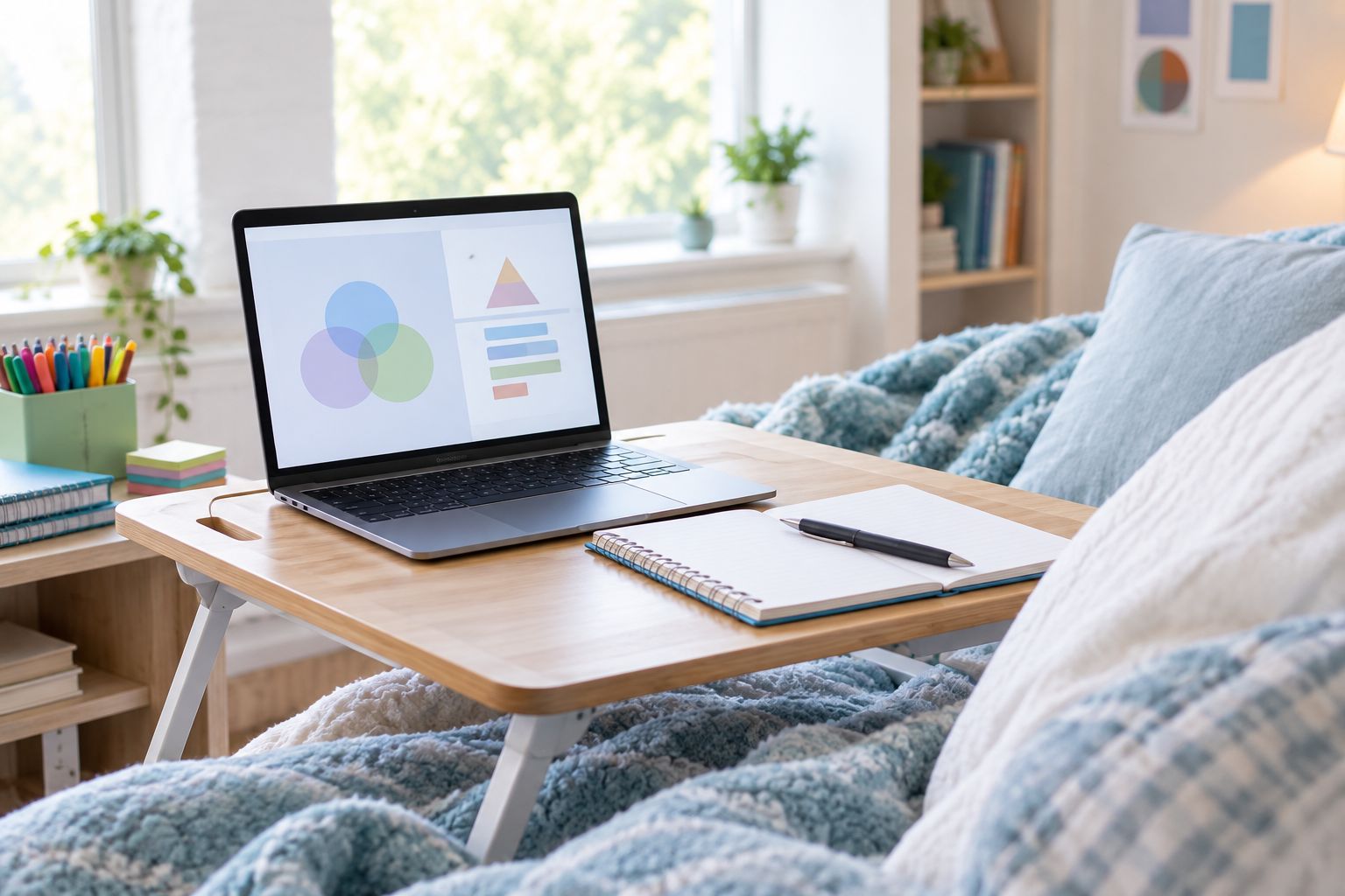 A bed tray study setup with a laptop, notebook, and supply caddy