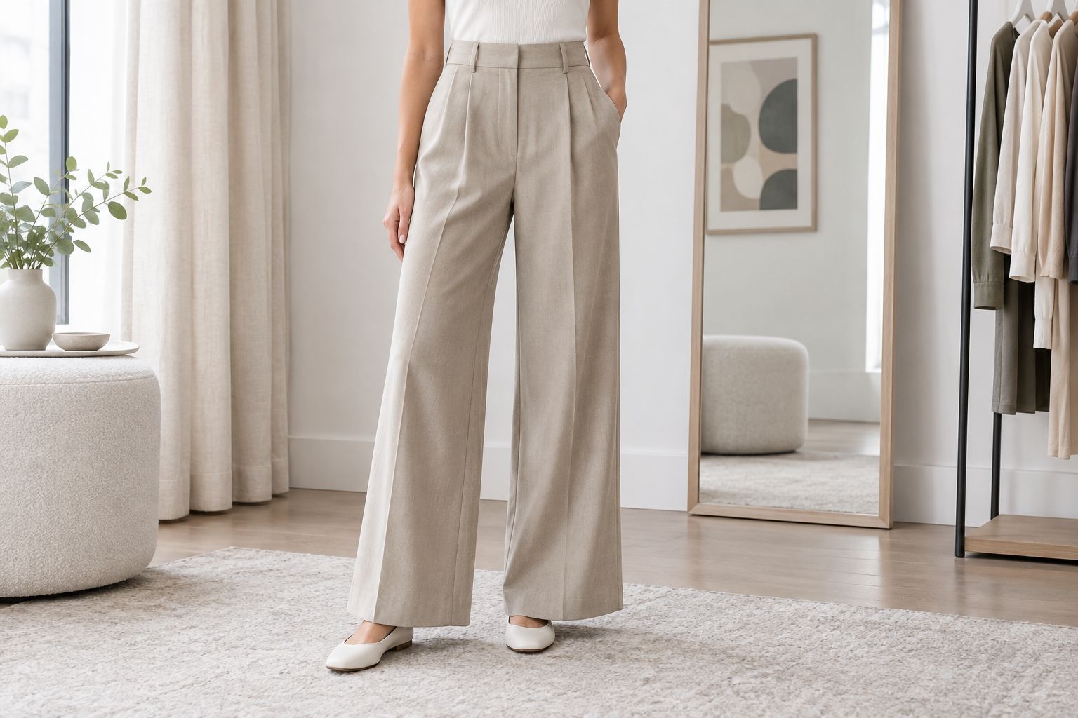 Wide-leg trousers checked with flat shoes in a fitting room.