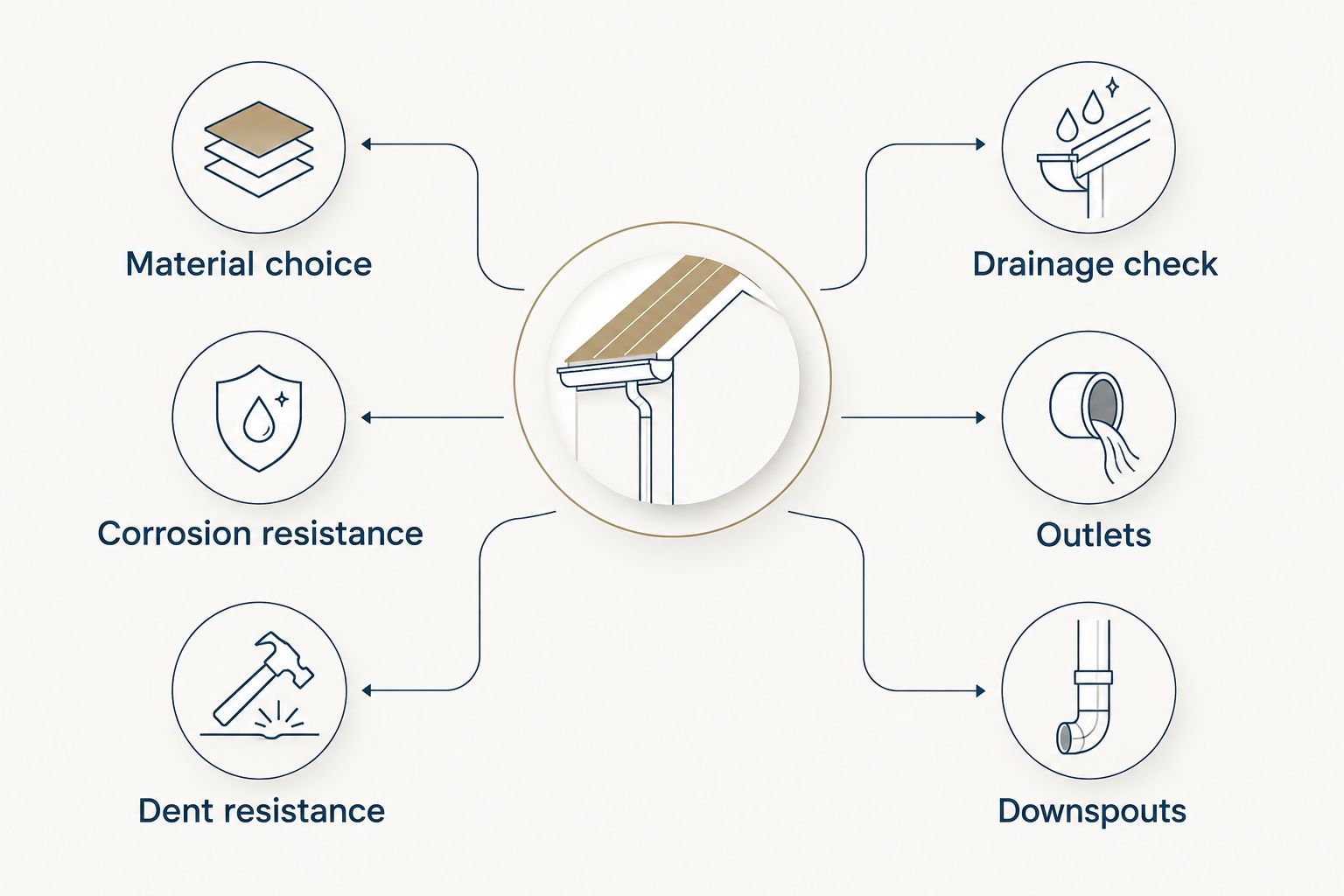 Two-column diagram separating gutter material choice from drainage checks
