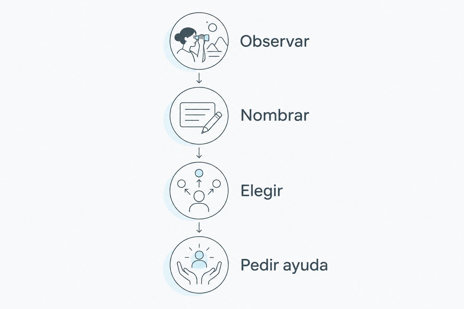 Pasos para observar una necesidad, nombrarla, elegir una respuesta y pedir ayuda.