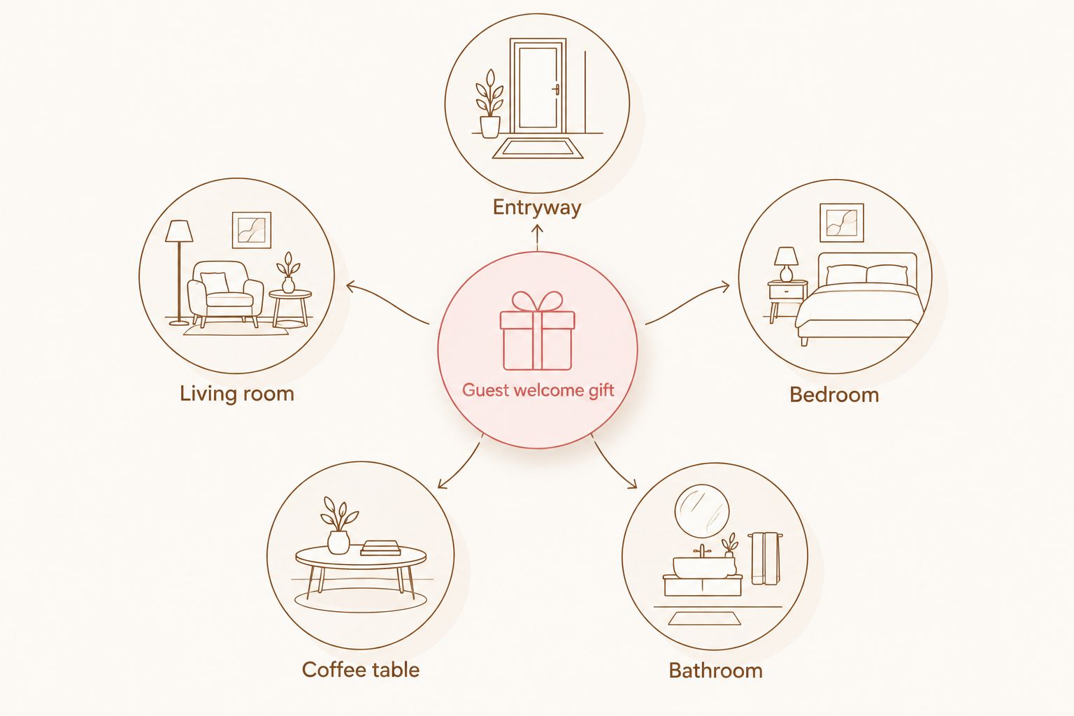 Diagram showing five placement options radiating from a central welcome gift