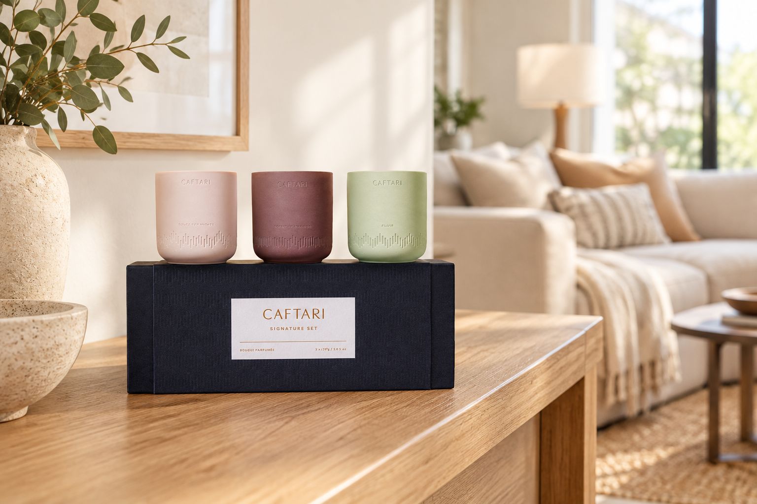 Candle gift set displayed on a console table in a rental living room