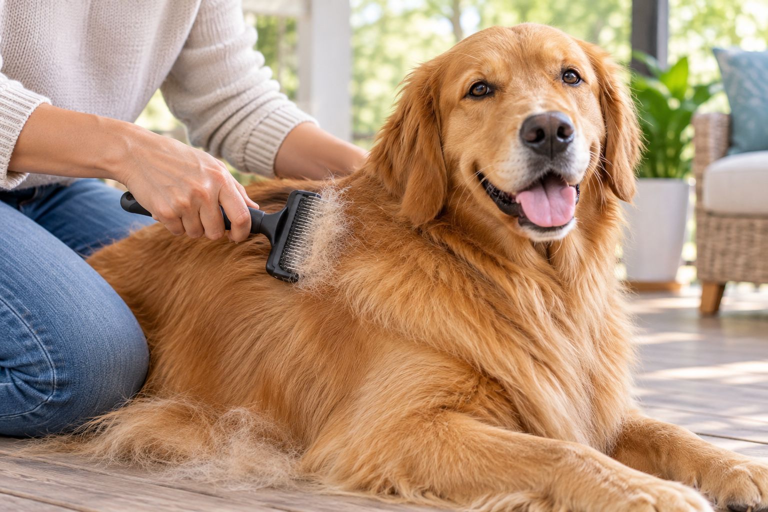 Owner brushing loose undercoat fur from a double-coated dog outdoors