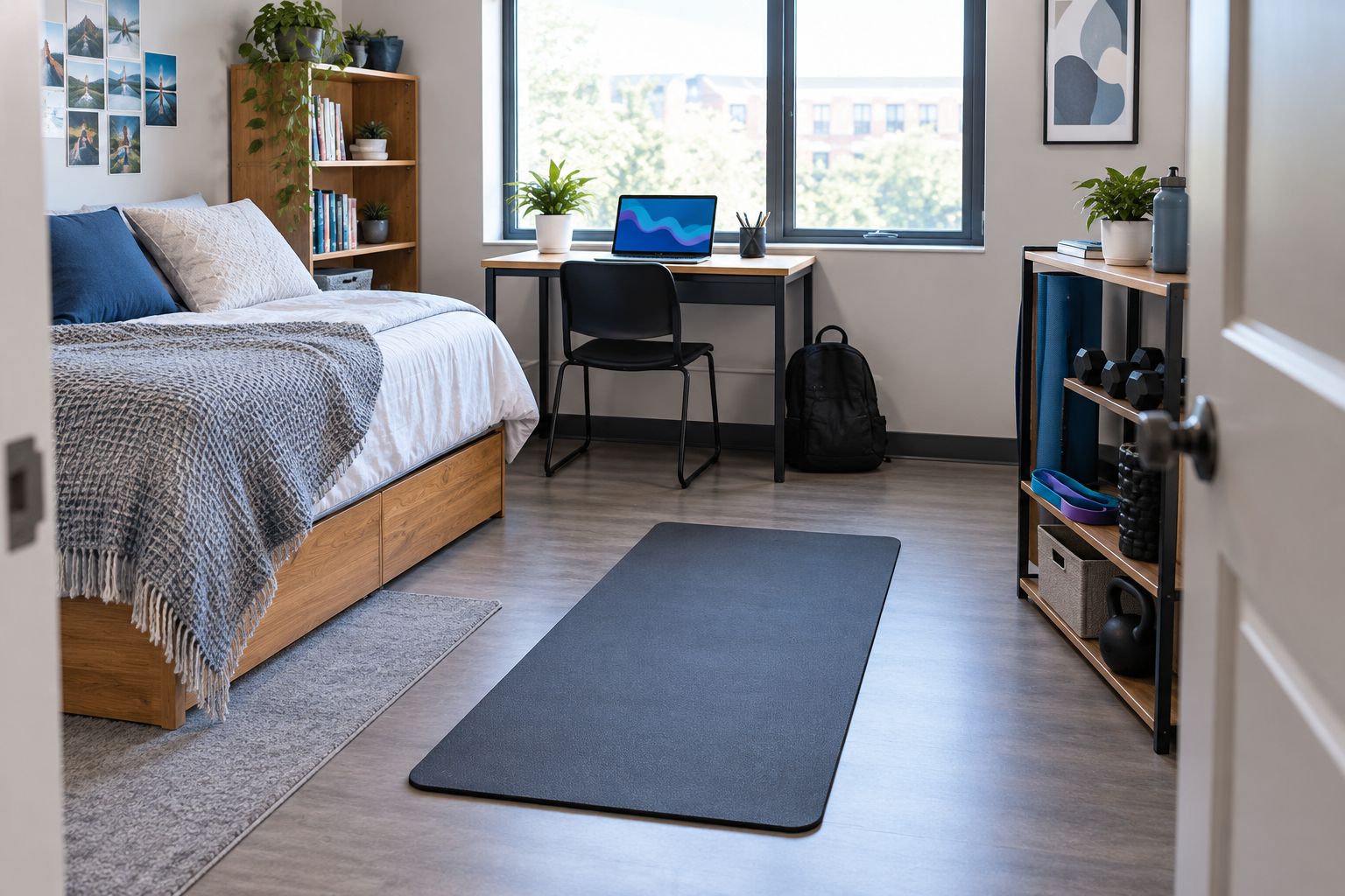 Student bedroom with a floor exercise area and a clear walkway