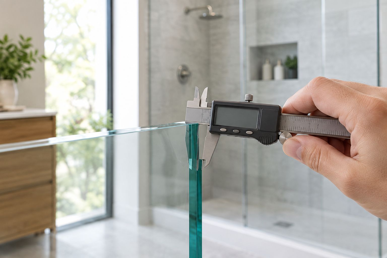 Measuring the edge thickness of a frameless shower door glass panel