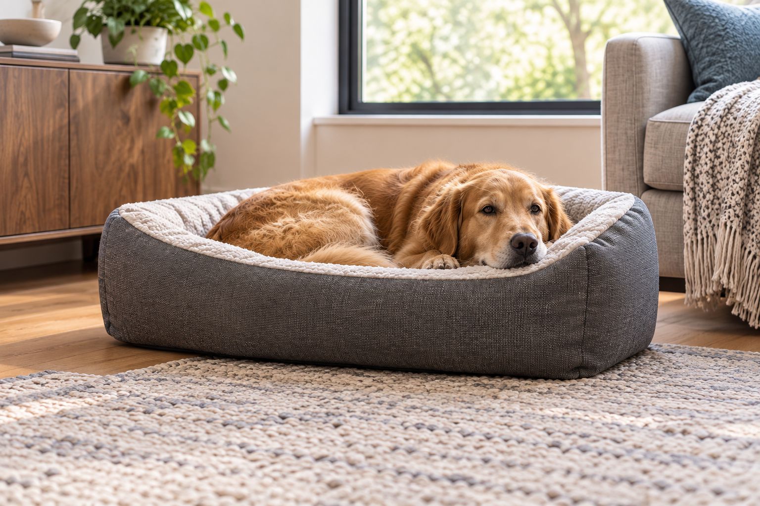 Dog resting on an open-front bolster bed beside a sofa, with a clear approach to the entrance.