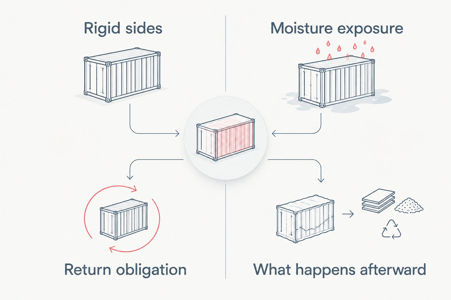 Two-column comparison of container strength, moisture exposure and what happens after unpacking