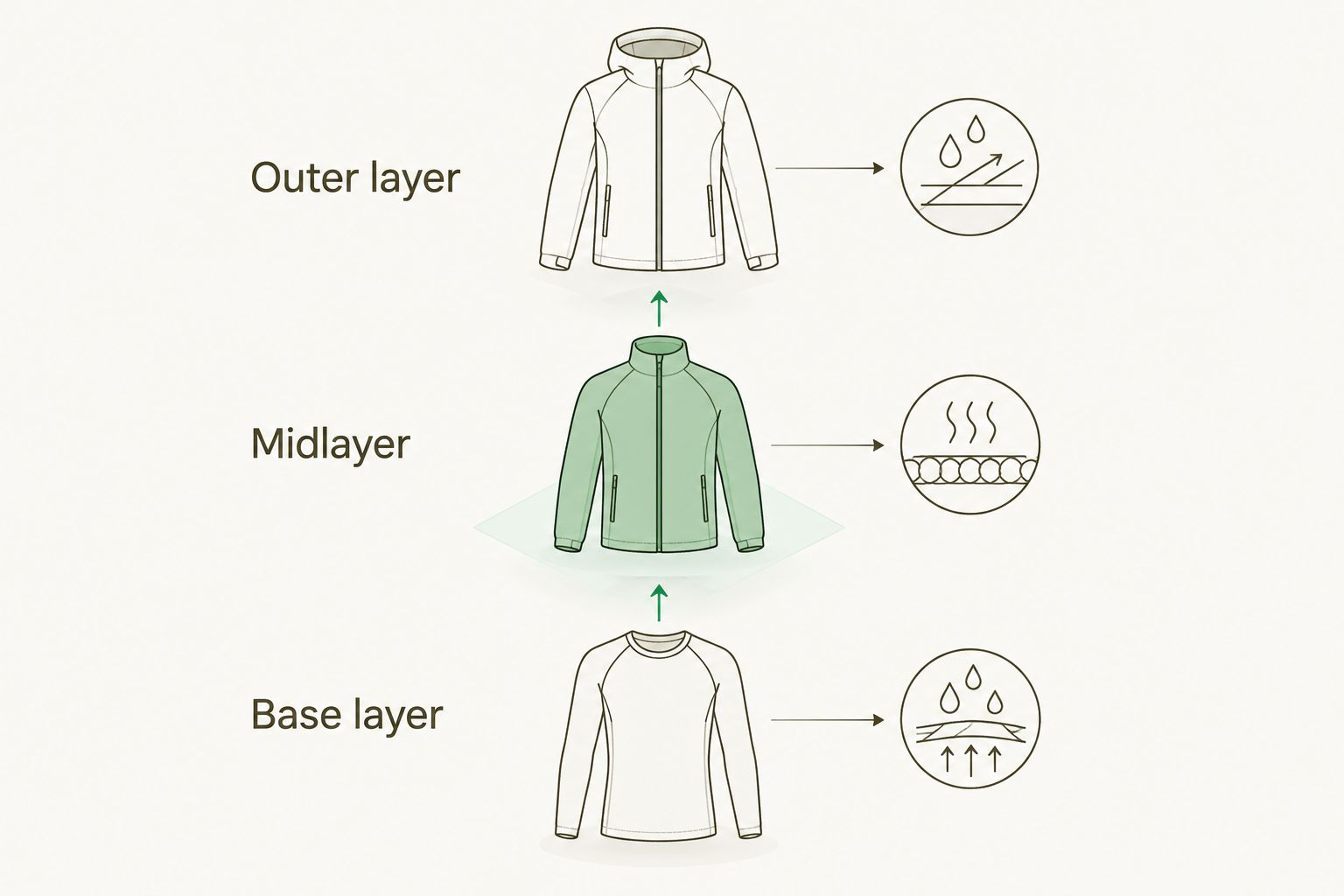 Three clothing layers: base layer, midlayer and outer layer