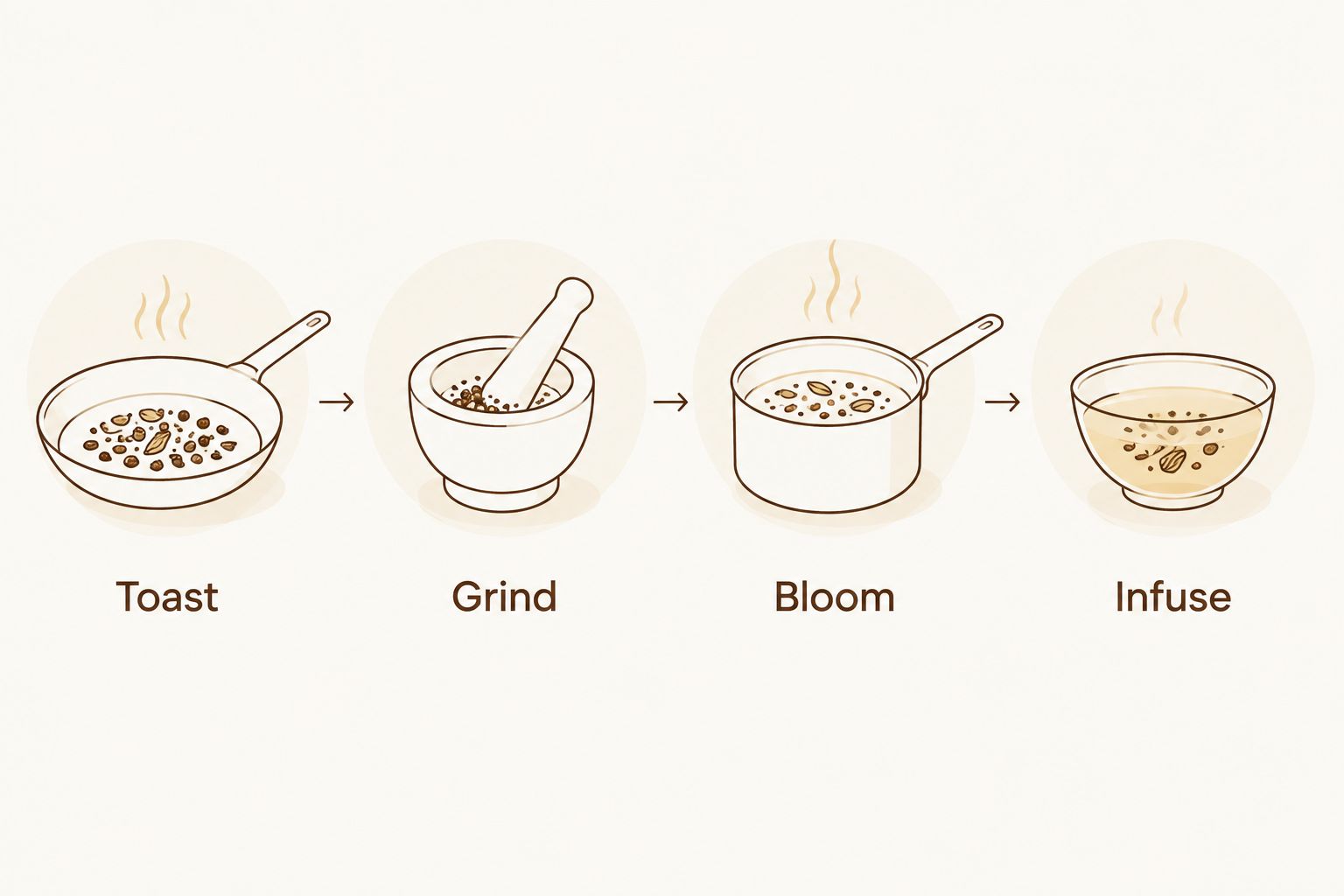 Four supporting-spice preparation methods: toast, grind, bloom, and infuse