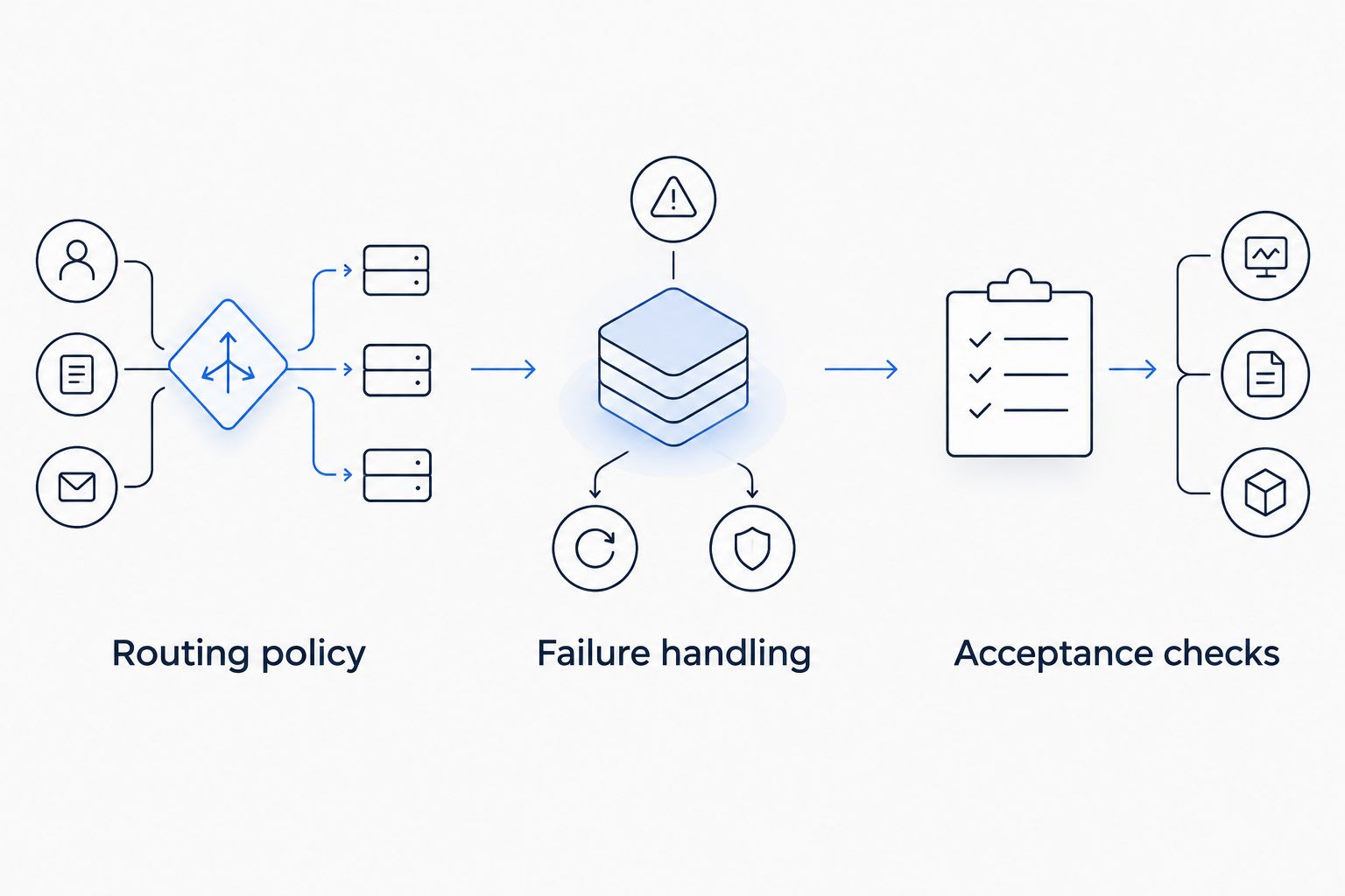 Routing policy, failure handling, and acceptance checks form separate parts of a request decision.