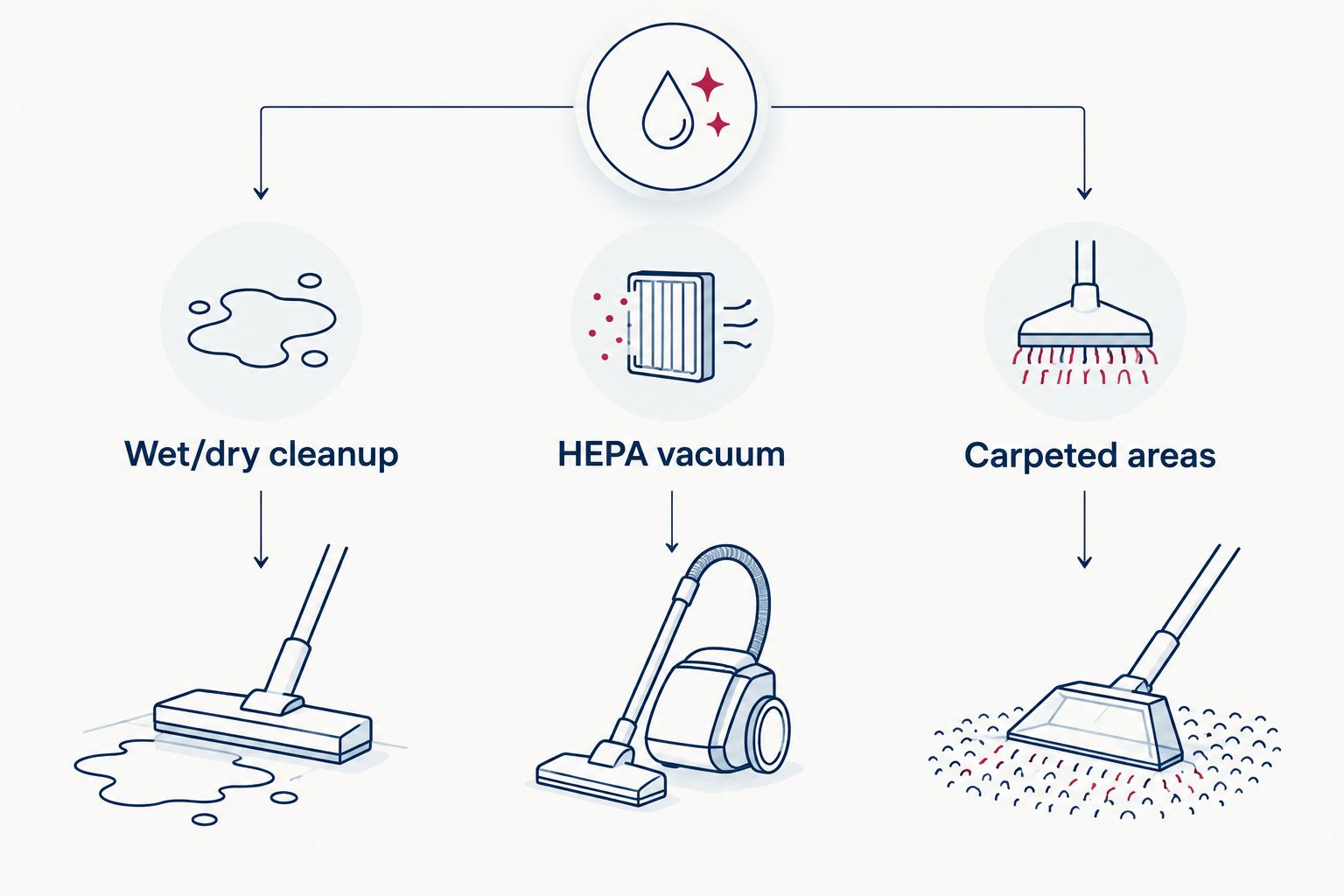 Three vacuum selection categories: wet/dry cleanup, HEPA vacuum, and carpeted areas
