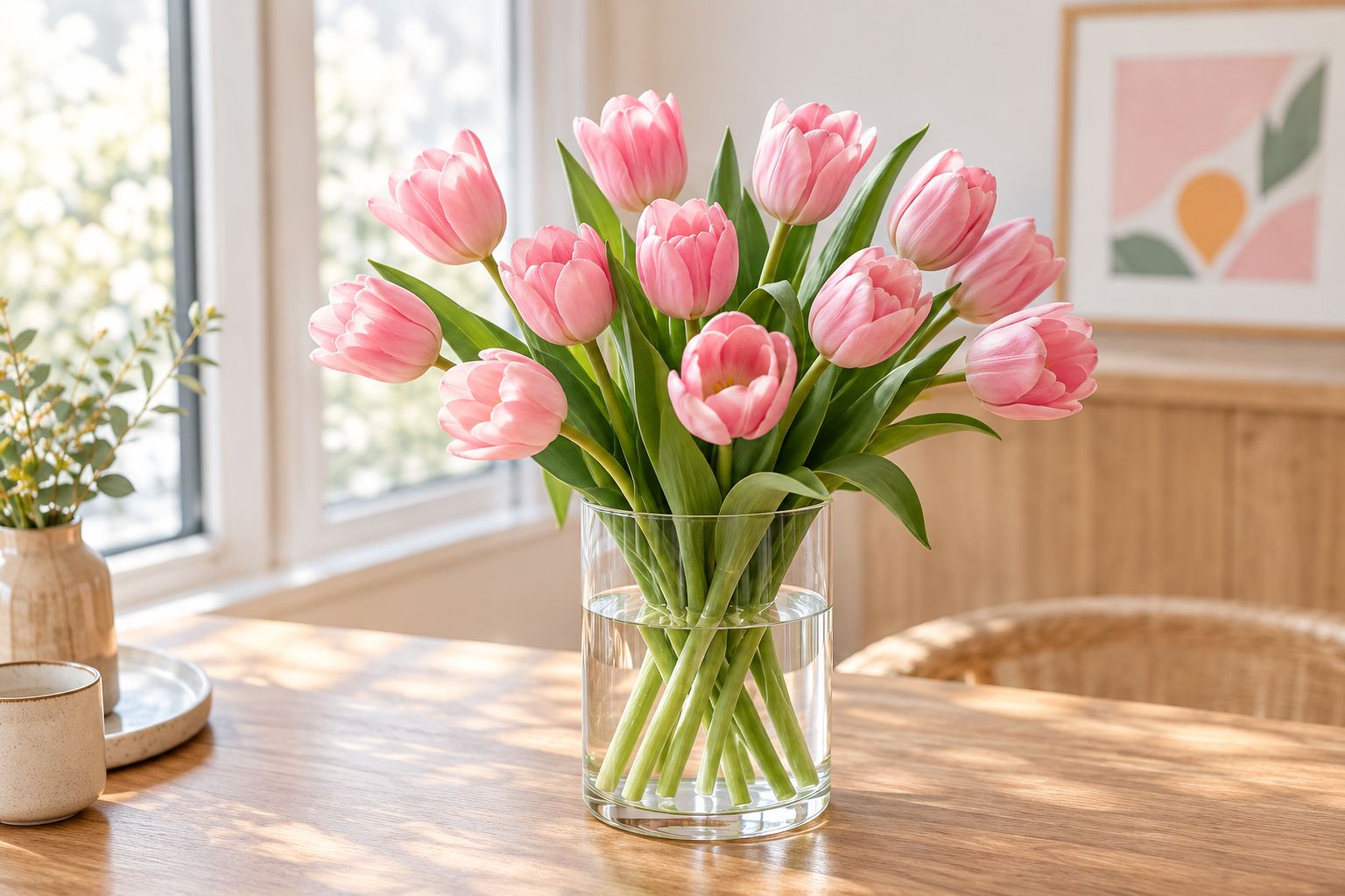 Pink tulips in a clear vase, with visible stems and gently curved flower heads