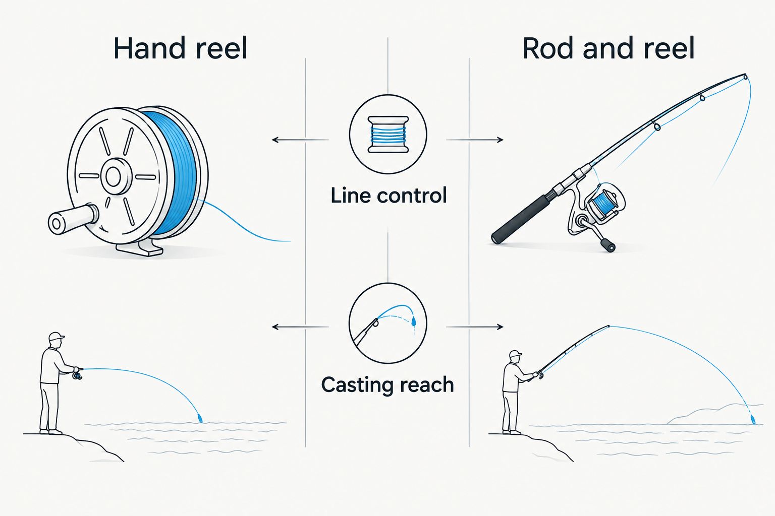 Hand reel and rod-and-reel comparison for line control and casting reach
