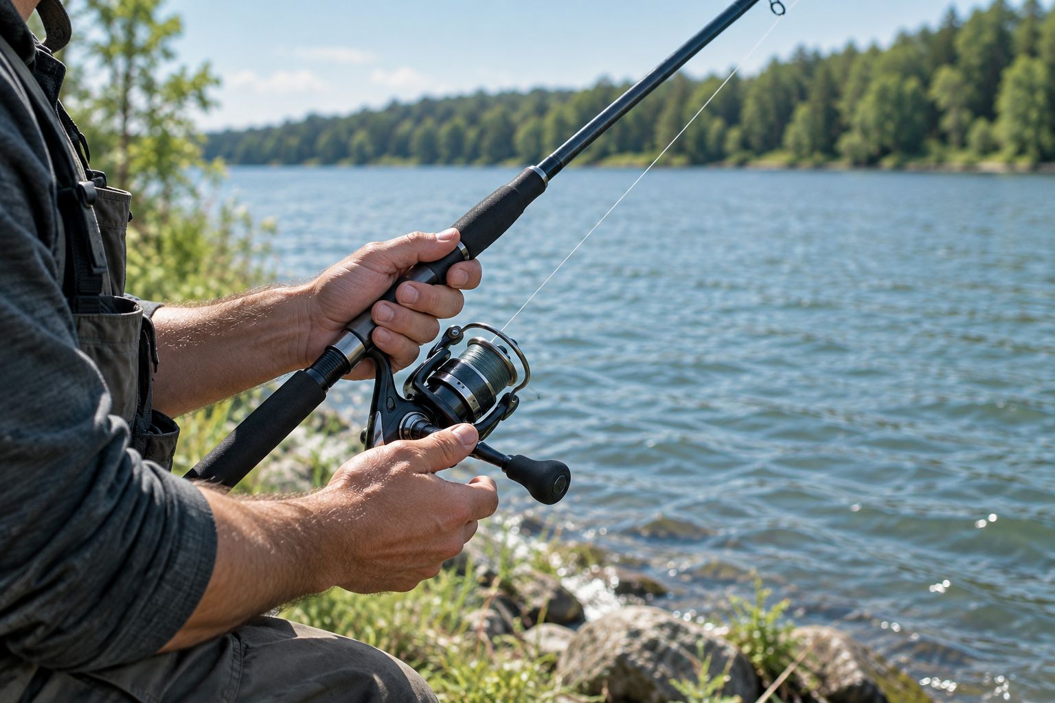 Angler holding a hand reel with fishing line clear of their fingers