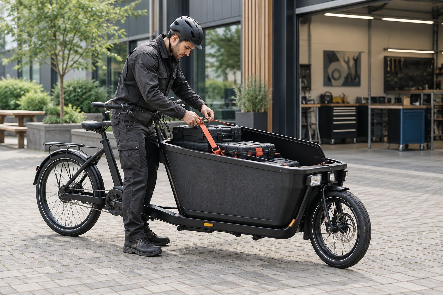 Monteur zet gereedschapskoffers laag en vast in de bak van een elektrische bakfiets.
