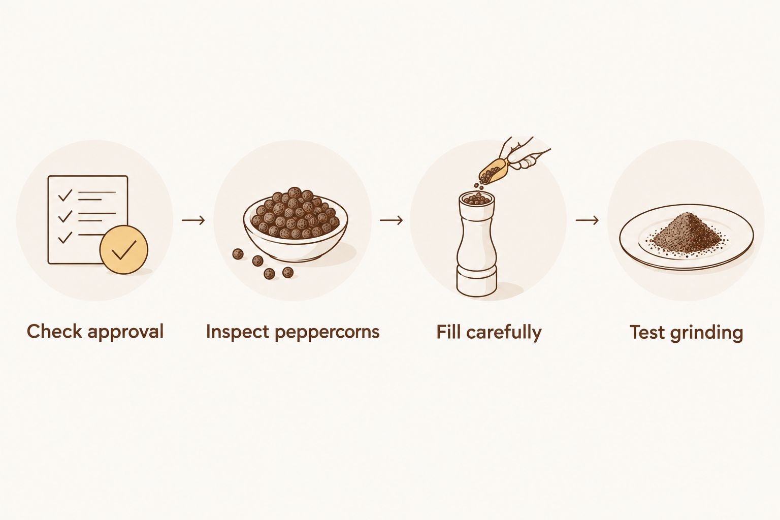 Refill sequence: check approval, inspect peppercorns, fill carefully, and test grinding.