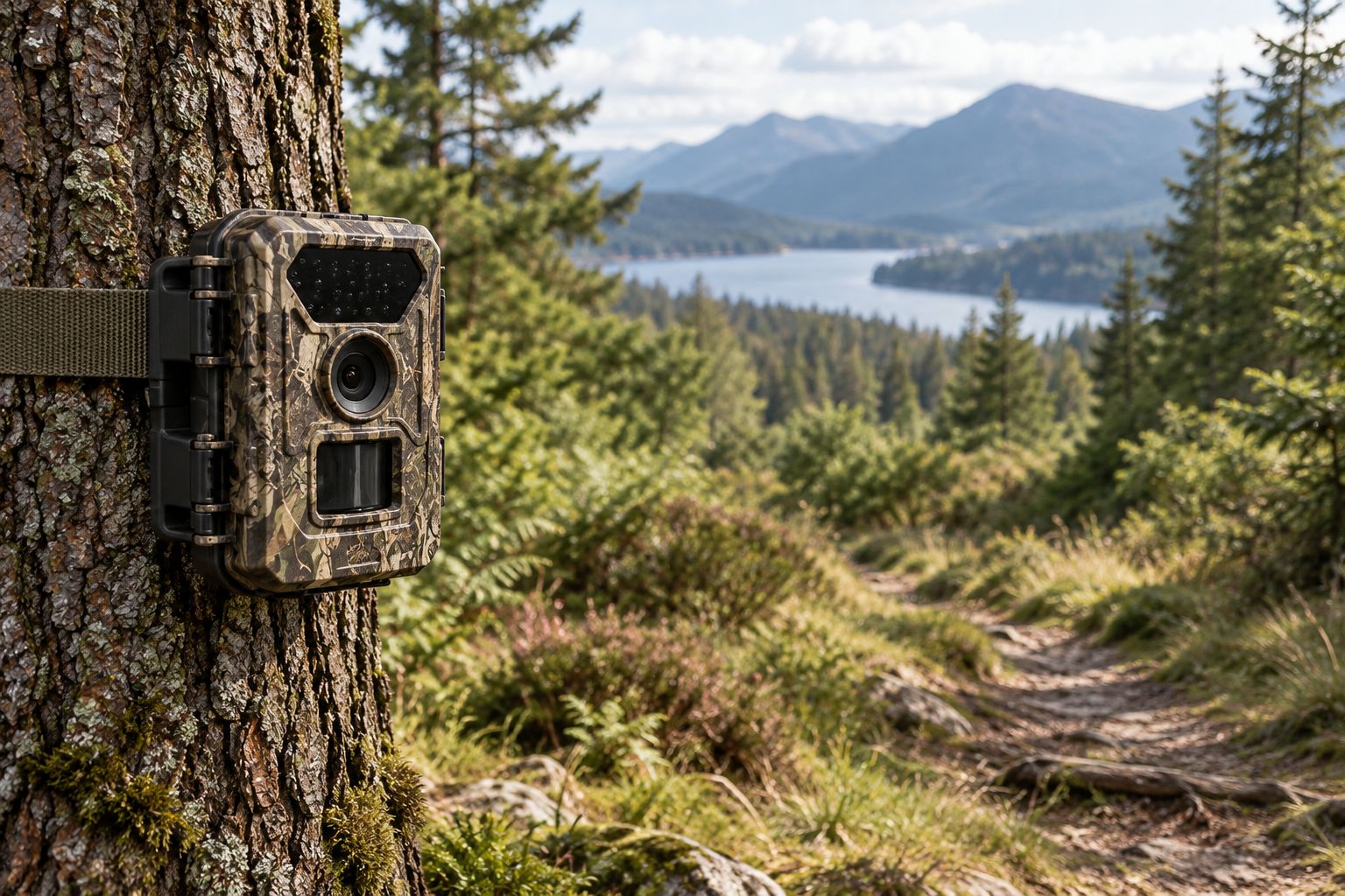Closed trail camera mounted on a tree with an unobstructed view of a woodland path