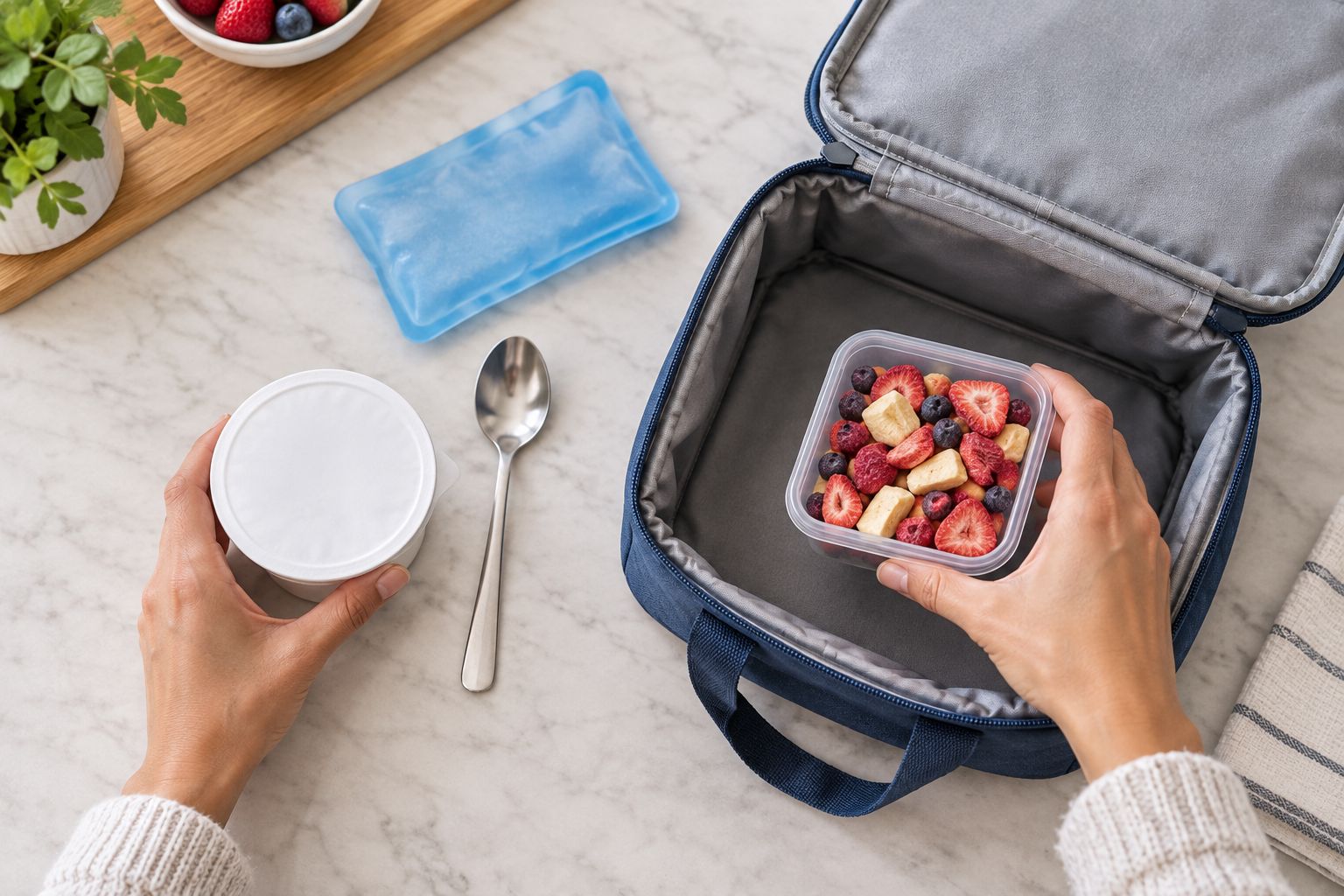 Breakfast bag with yogurt and freeze-dried fruit packed in separate containers beside a cold pack.