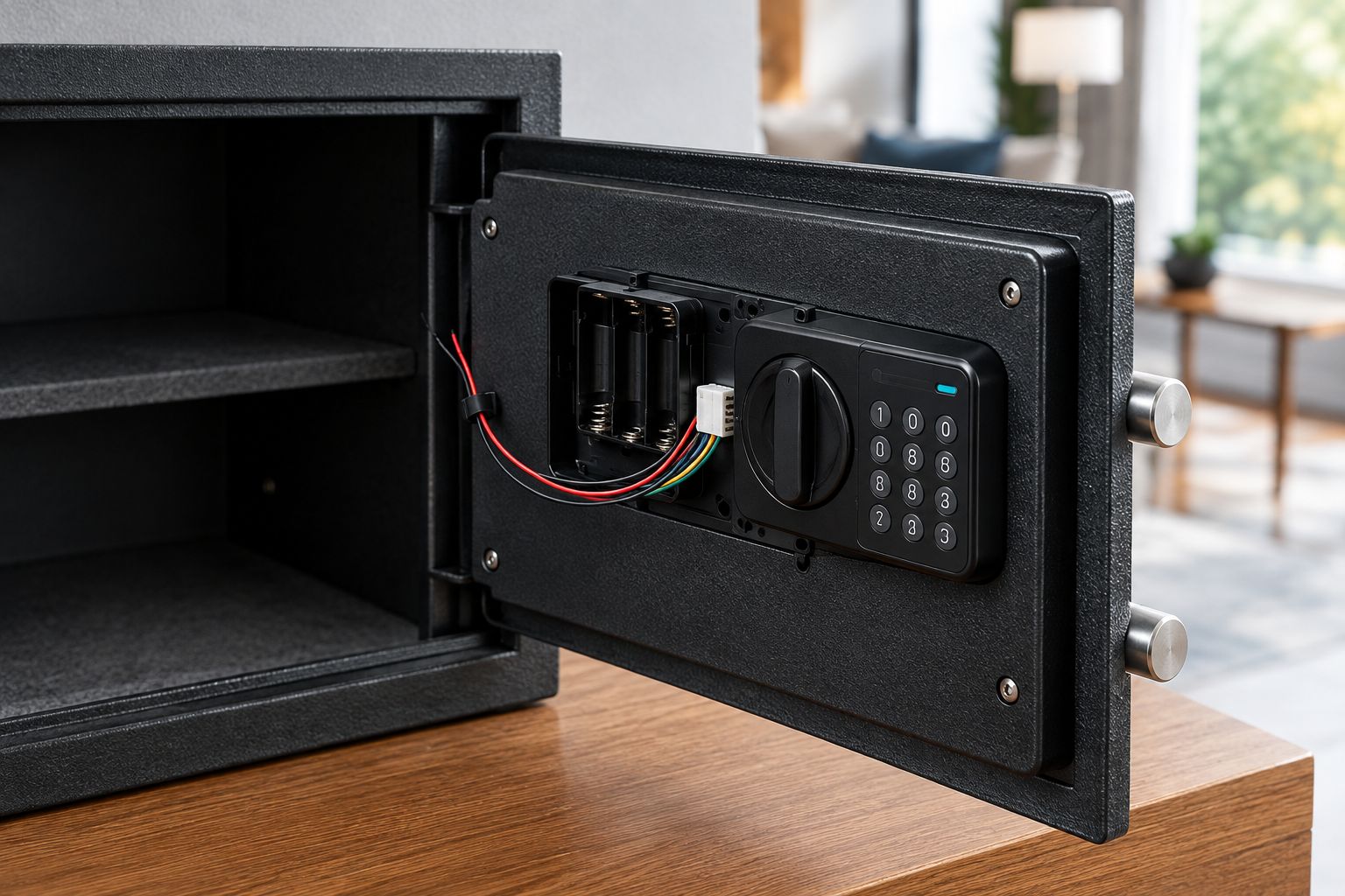 Open safe door showing digital lock wiring and battery compartment