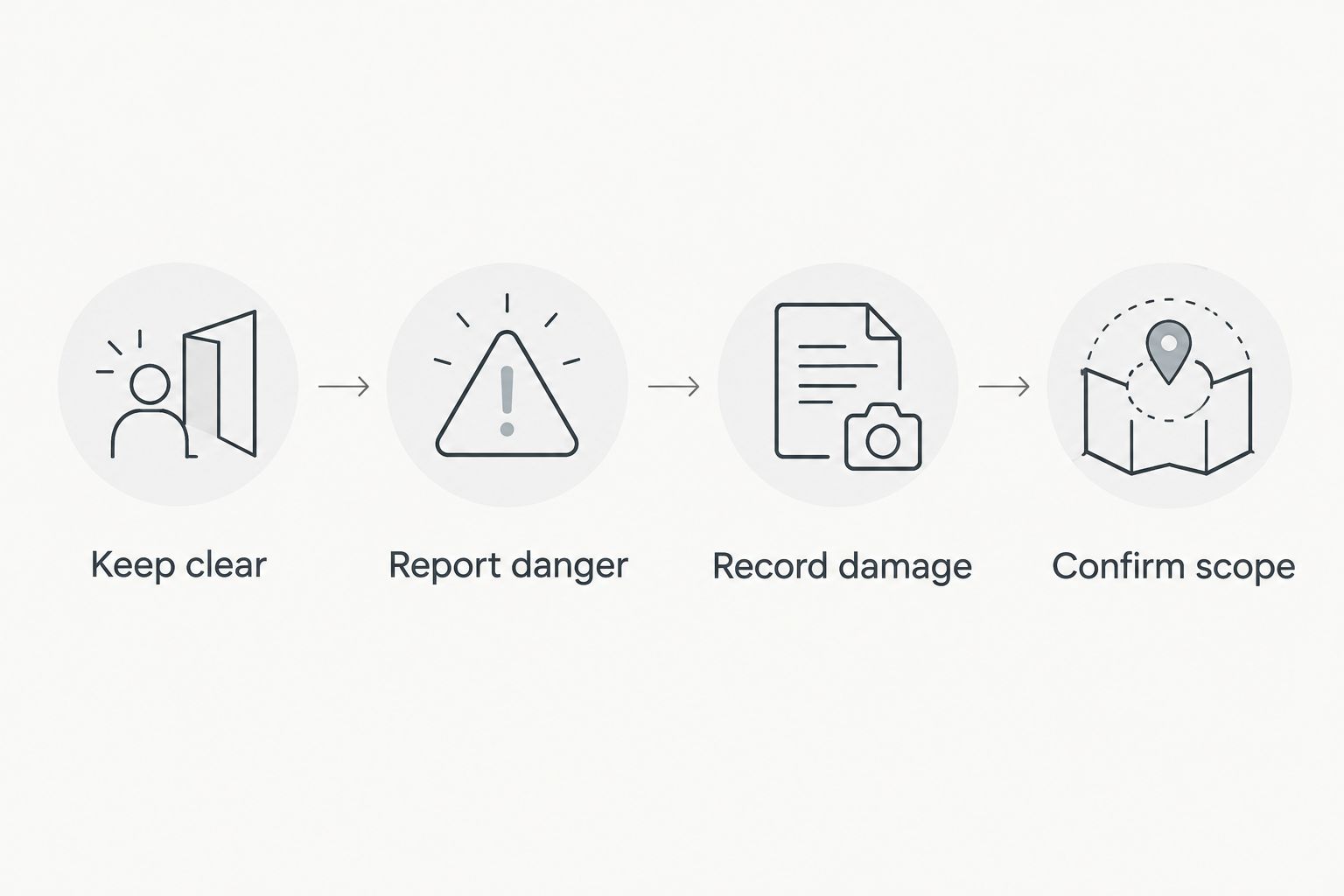 Four actions before emergency door securing: keep clear, report danger, record damage, and confirm scope.