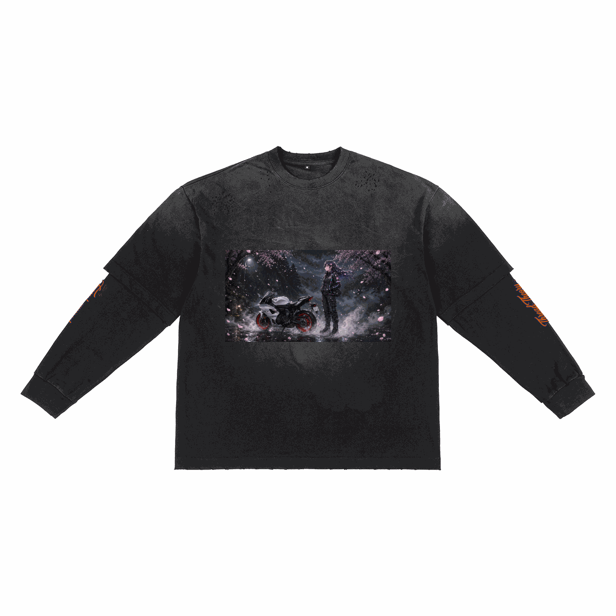 Washed vintage long-sleeve tee with a motorcycle graphic from MTZ Thread Theory.