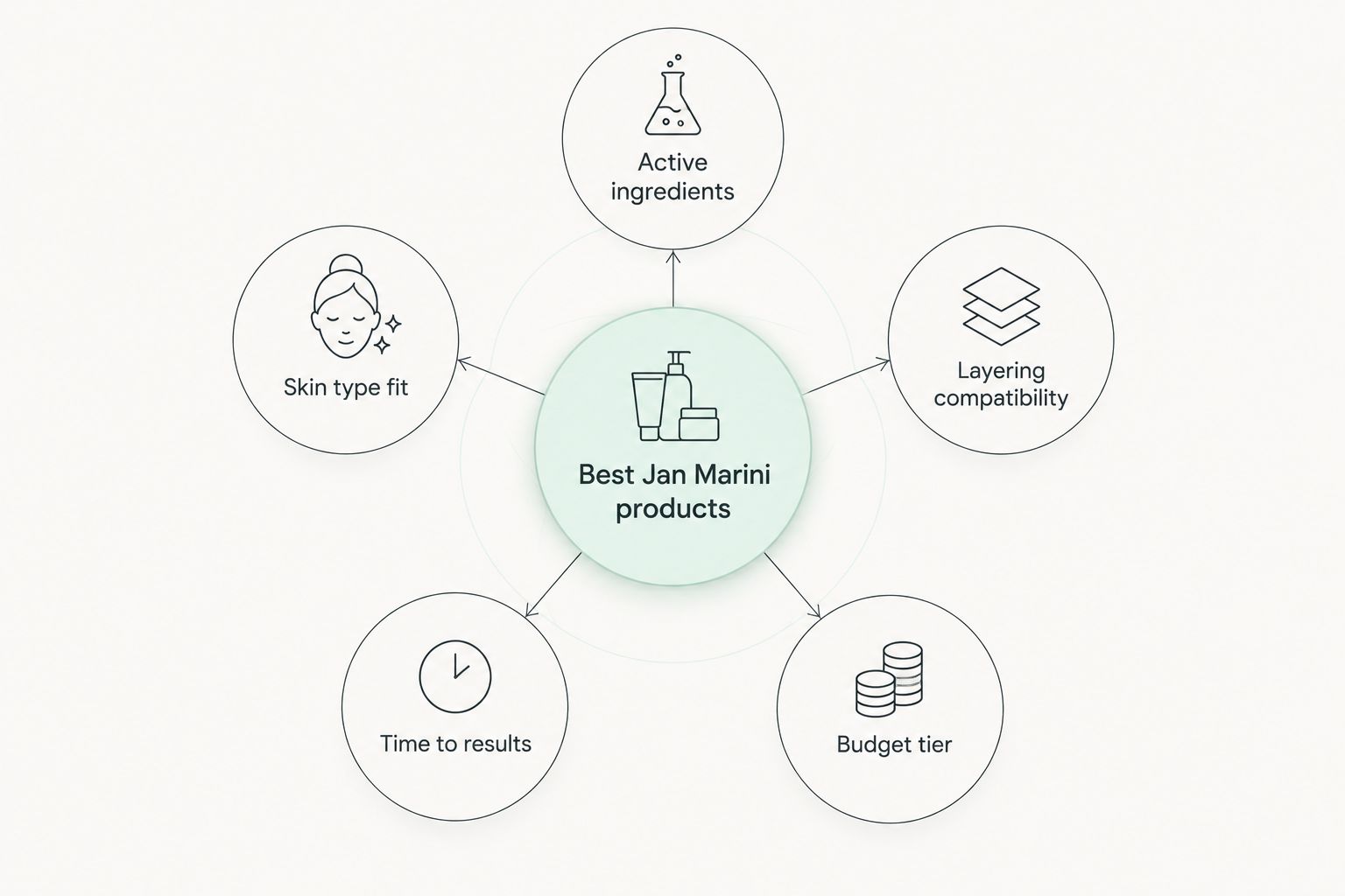 Hub and spoke diagram of criteria for ranking Jan Marini products