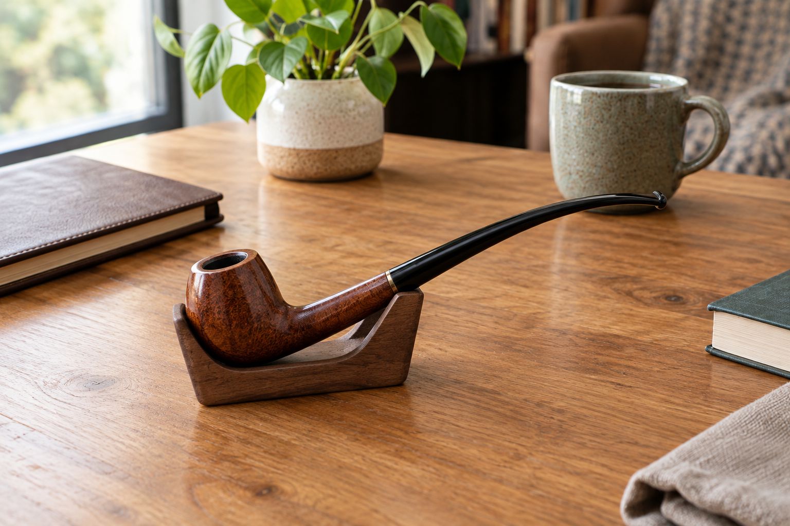 Long-stem wooden smoking pipe resting in a stand on a clear tabletop