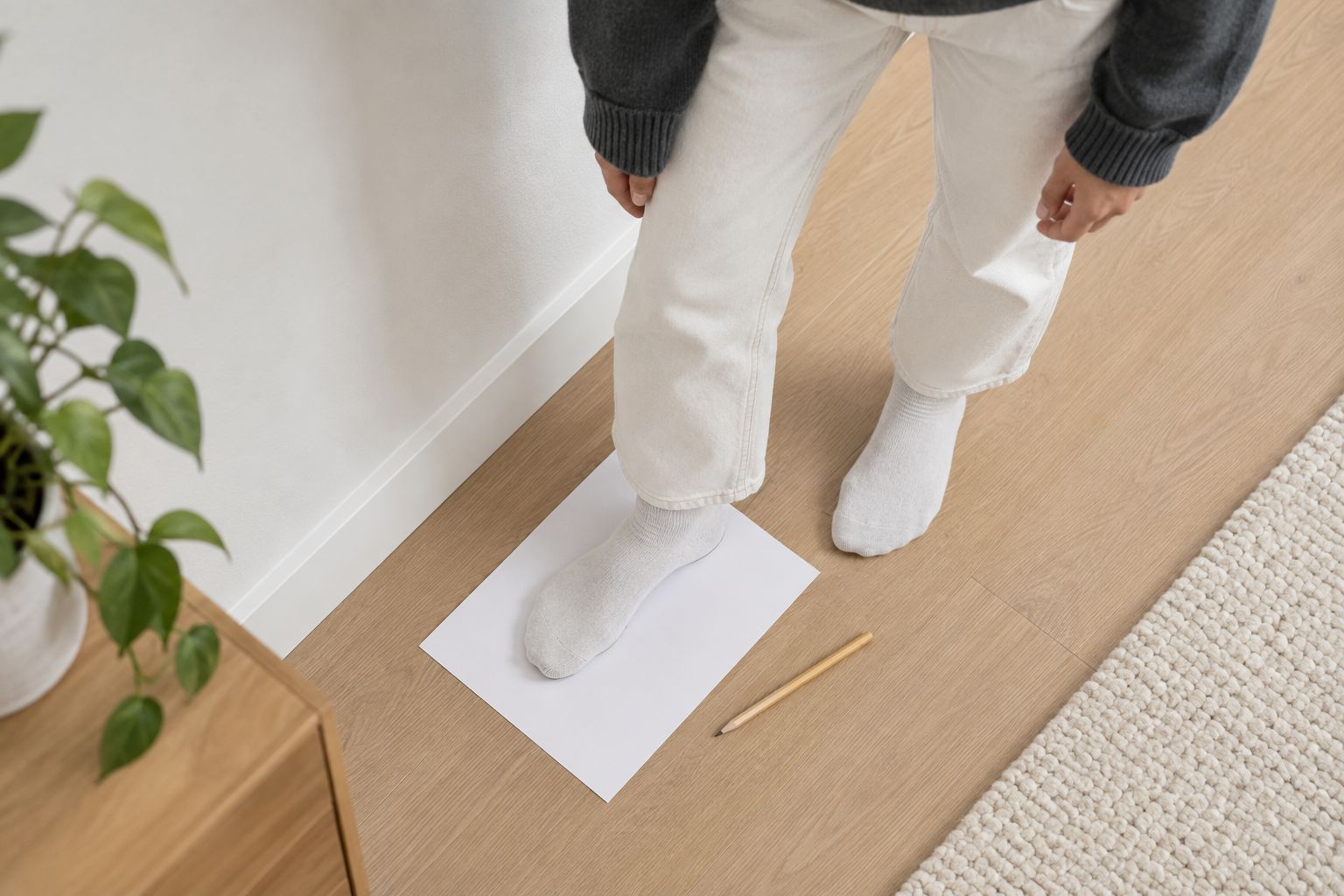 Foot placed against a wall on blank paper for a fit check