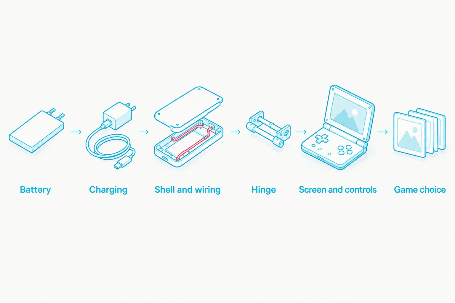 Sequence of checks covering the battery, charging, shell, hinge, controls and game choice