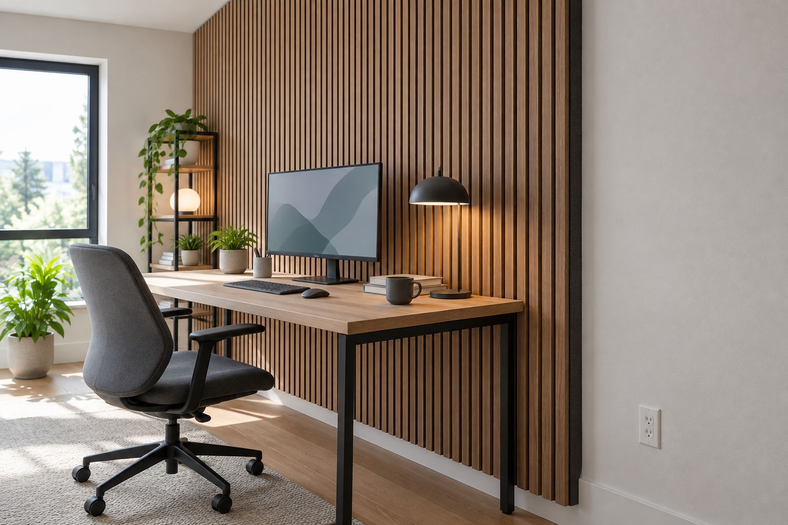 Wood-slat acoustic feature wall behind a desk with a neatly finished edge and accessible outlet