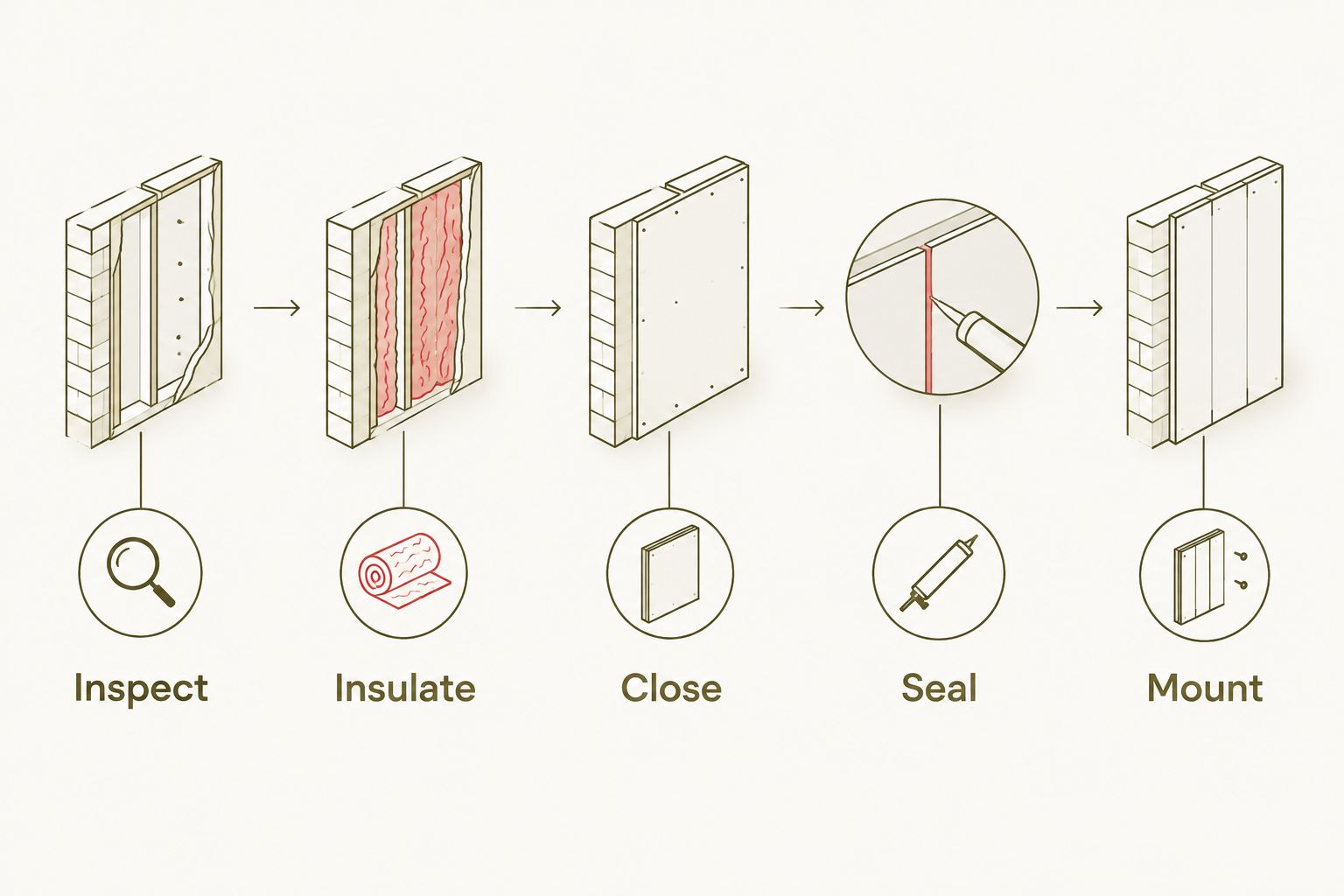 Wall-treatment sequence from inspection and cavity insulation to closure, sealing, and panel mounting