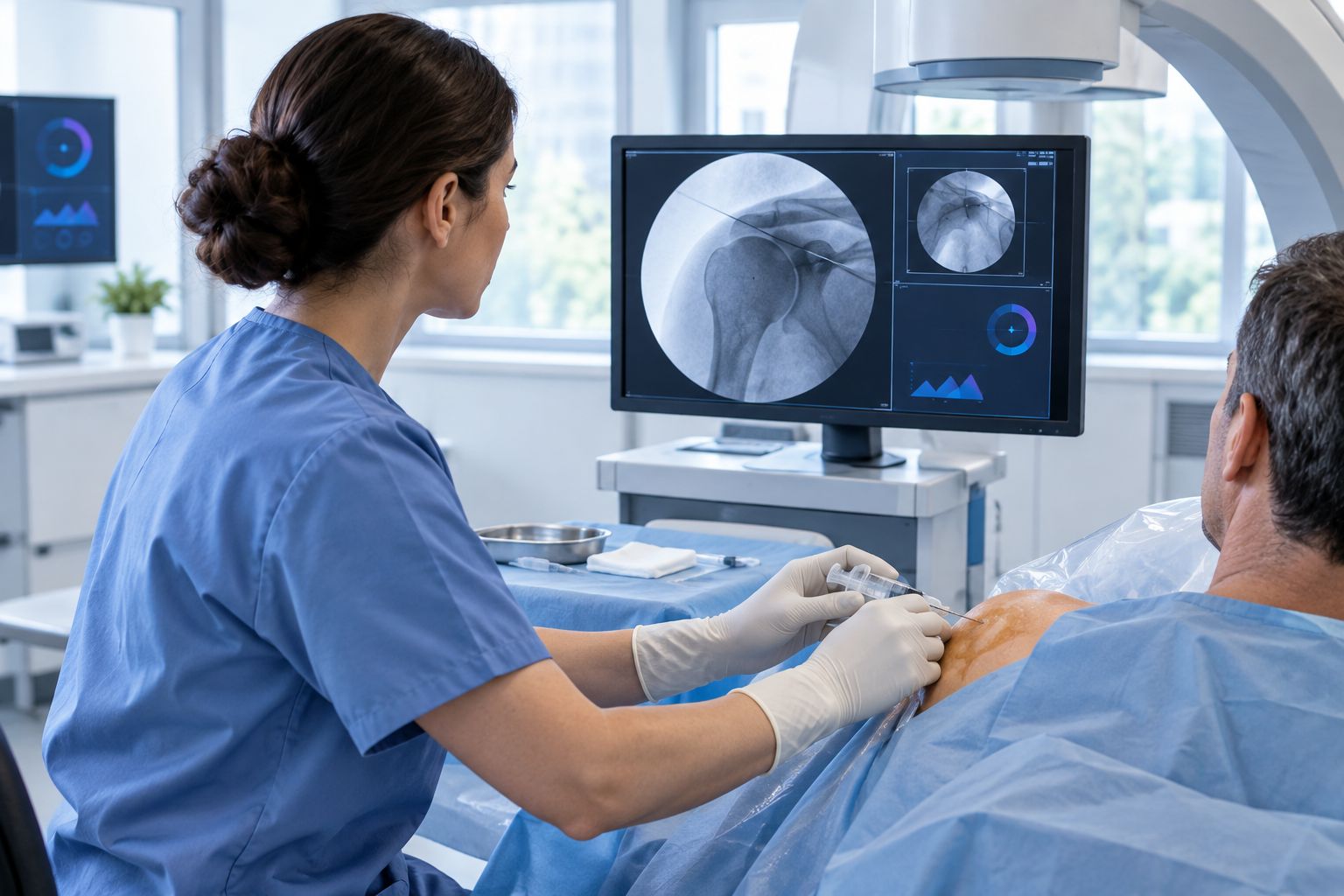 Radiologist performing an image-guided joint injection in an outpatient procedure room