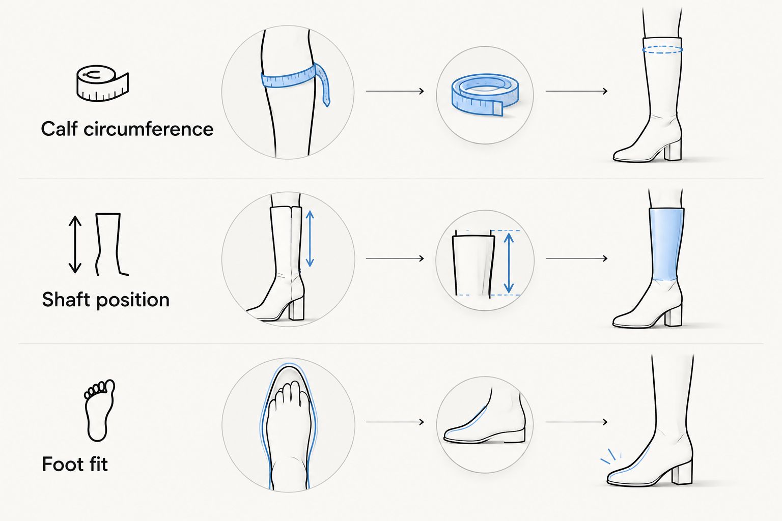 Three separate checks for calf circumference, shaft position and foot fit