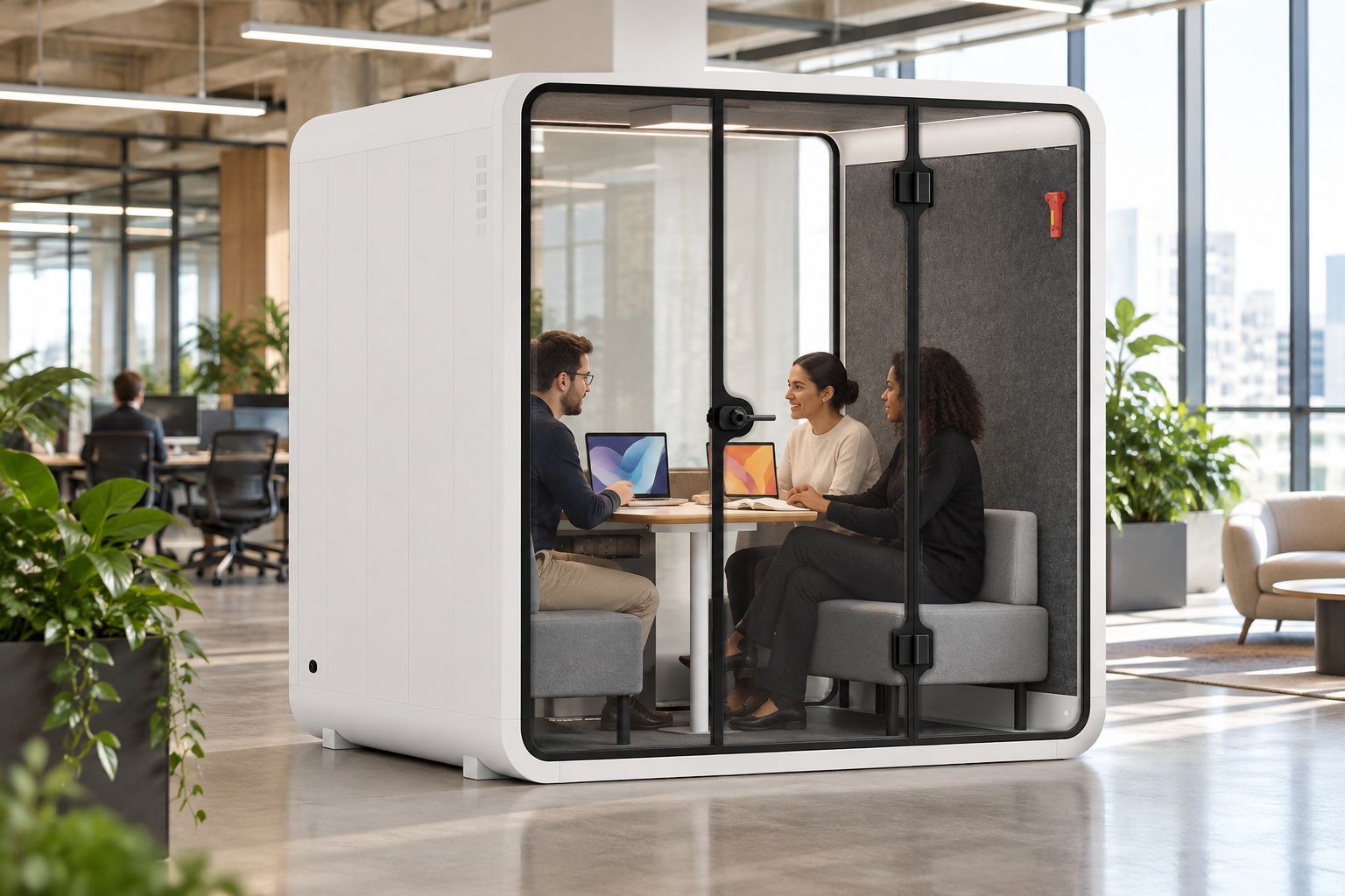 Small team discussing documents inside a meeting booth in an open-plan office