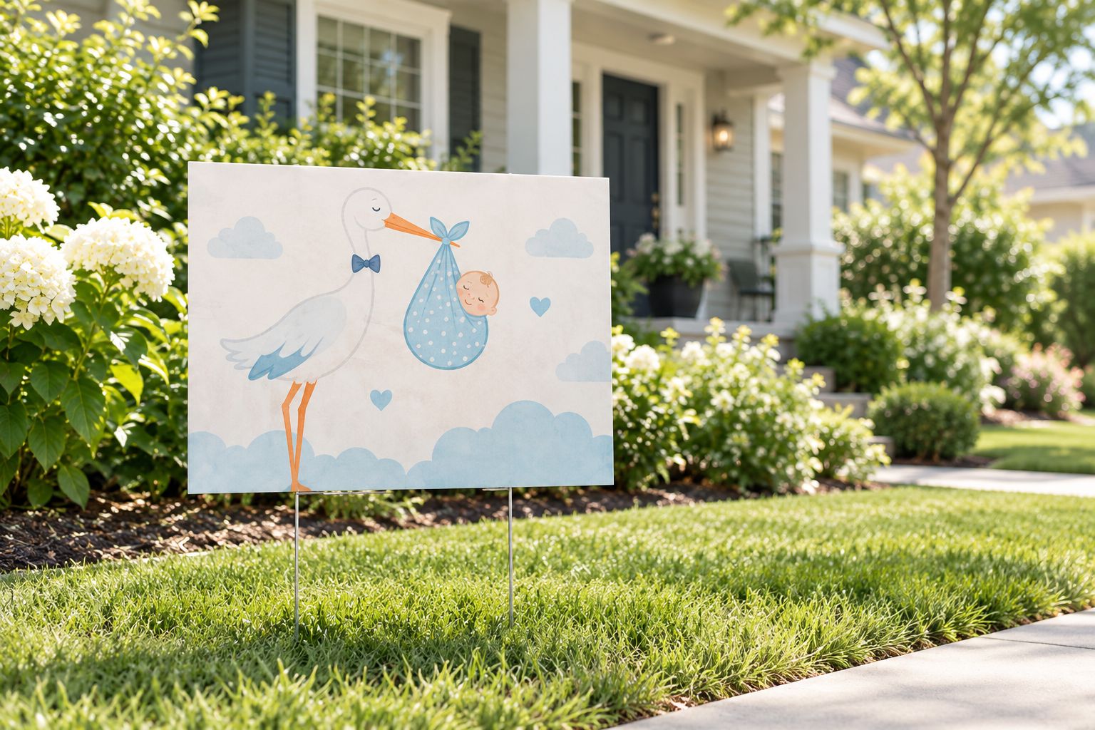 Pastel announcement sign installed beside a front walkway